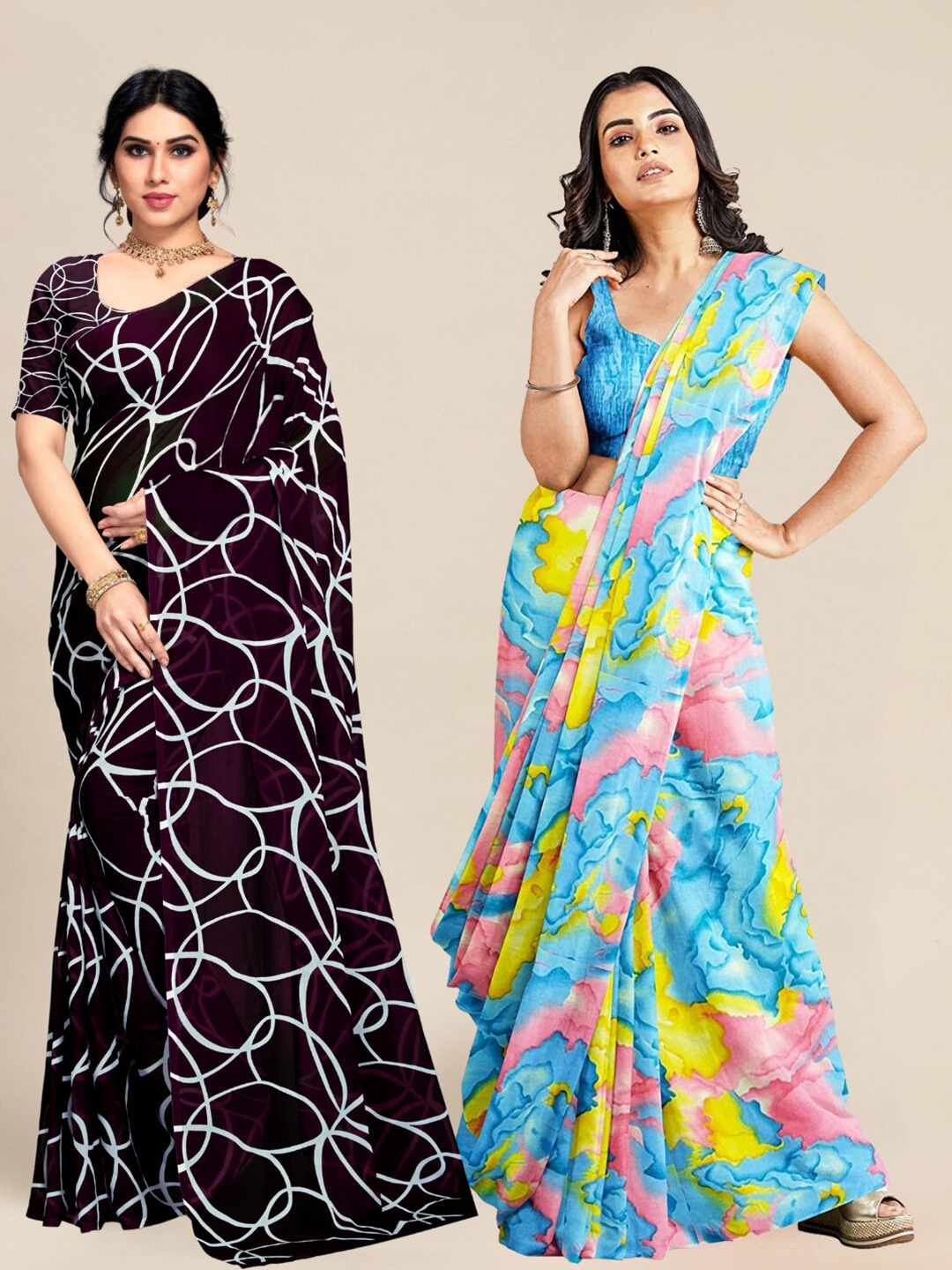 

MS RETAIL Blue & Black Pack of 2 Abstract Printed Pure Georgette Sarees