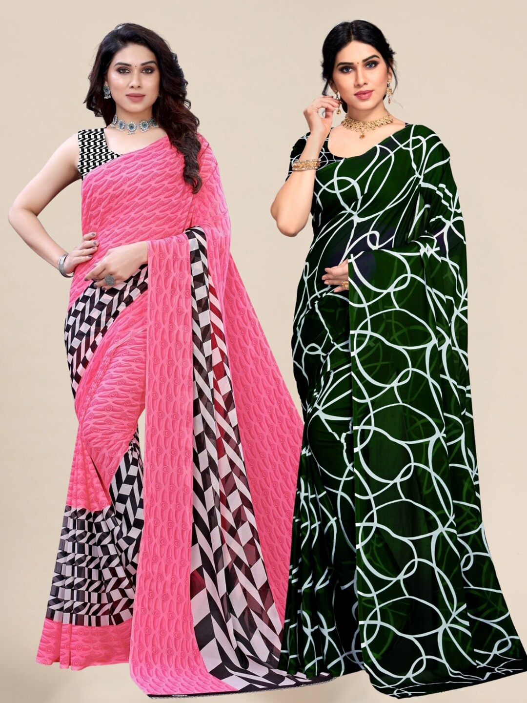 

MS RETAIL Pink & Black Pack of 2 Printed Pure Georgette Sarees