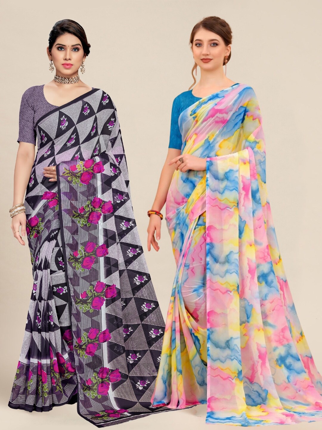 

MS RETAIL Purple & Blue Pack of 2 Printed Pure Georgette Sarees