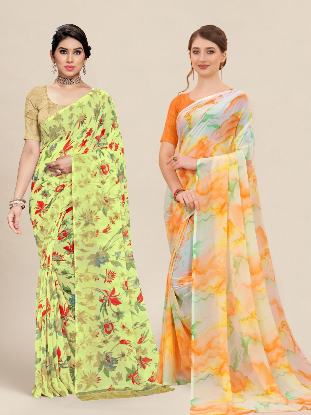 

MS RETAIL Yellow & Orange Pack of 2 Printed Pure Georgette Sarees