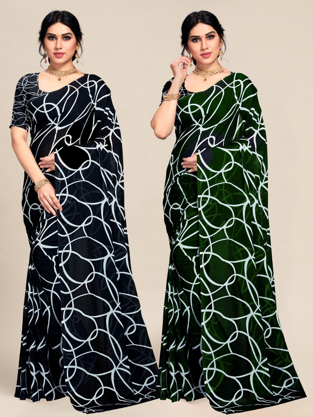 

MS RETAIL Black & Green Pack of 2 Abstract Printed Pure Georgette Sarees