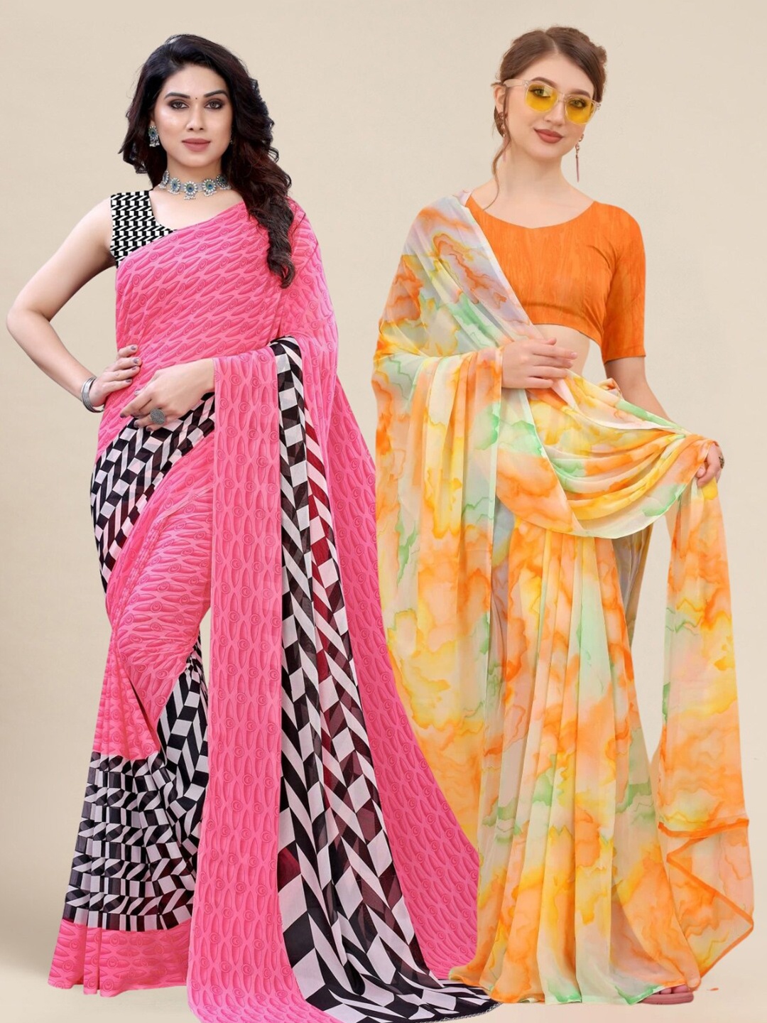 

MS RETAIL Pink & Orange Pack of 2 Printed Pure Georgette Sarees