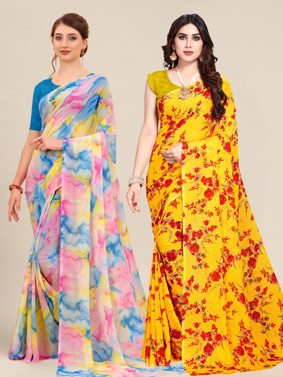 

MS RETAIL Yellow & Pink Pack of 2 Printed Pure Georgette Sarees