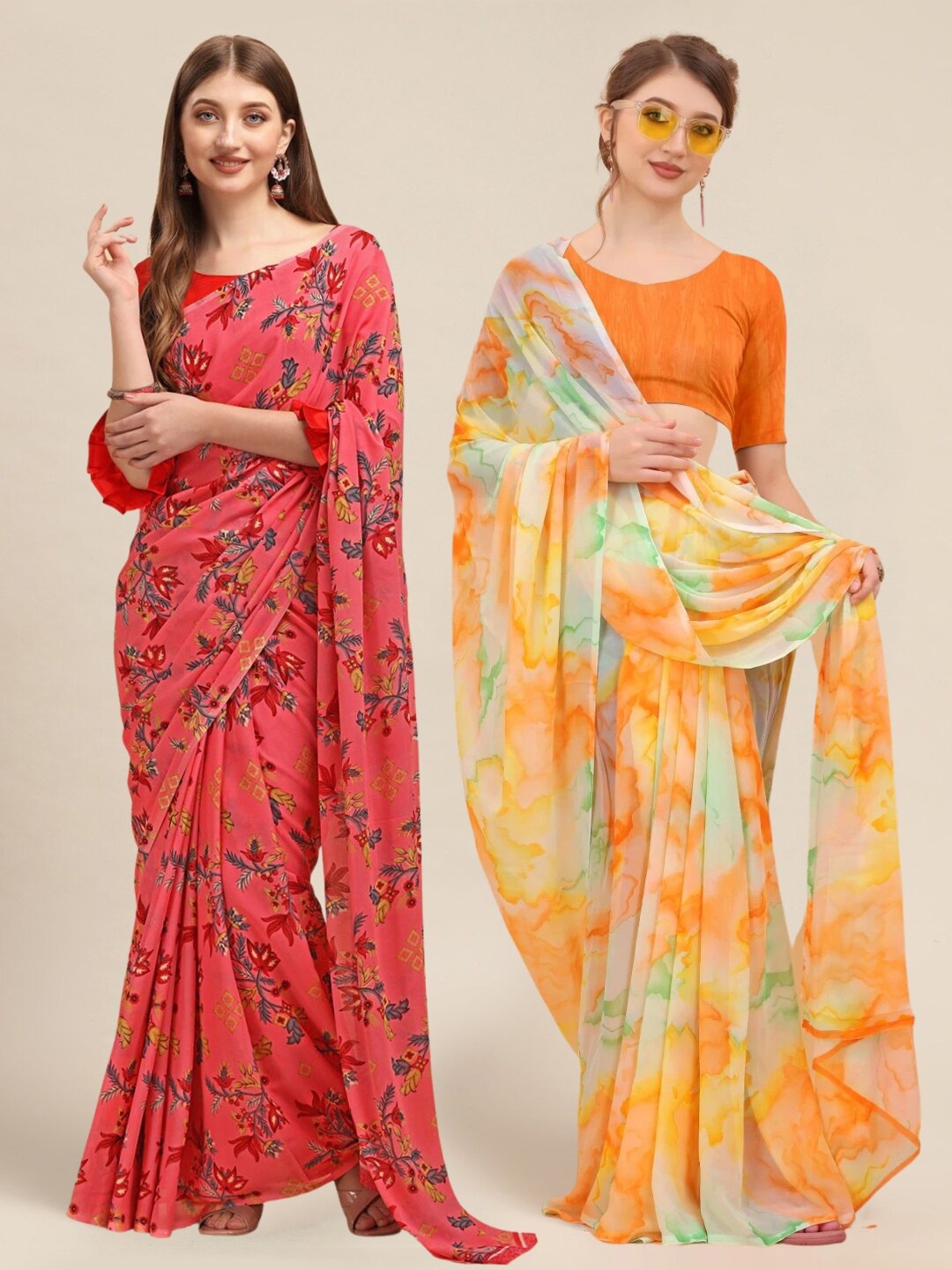 

MS RETAIL Pink & Orange Pack of 2 Printed Pure Georgette Sarees