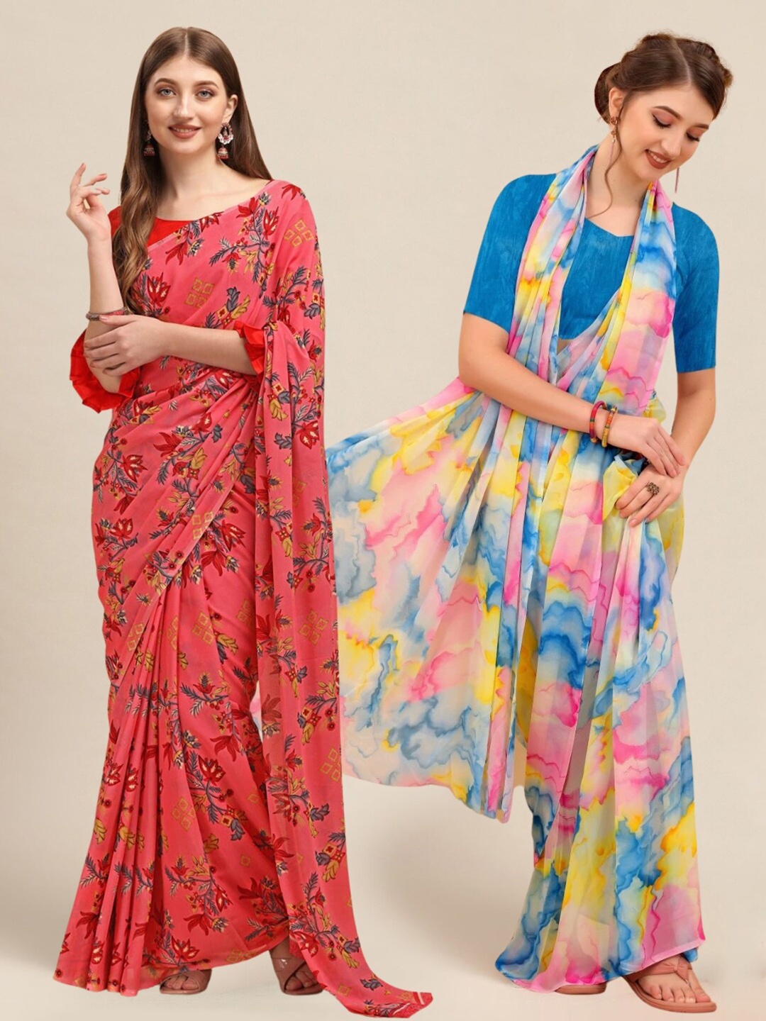 

MS RETAIL Pink & Blue Pack of 2 Printed Pure Georgette Sarees