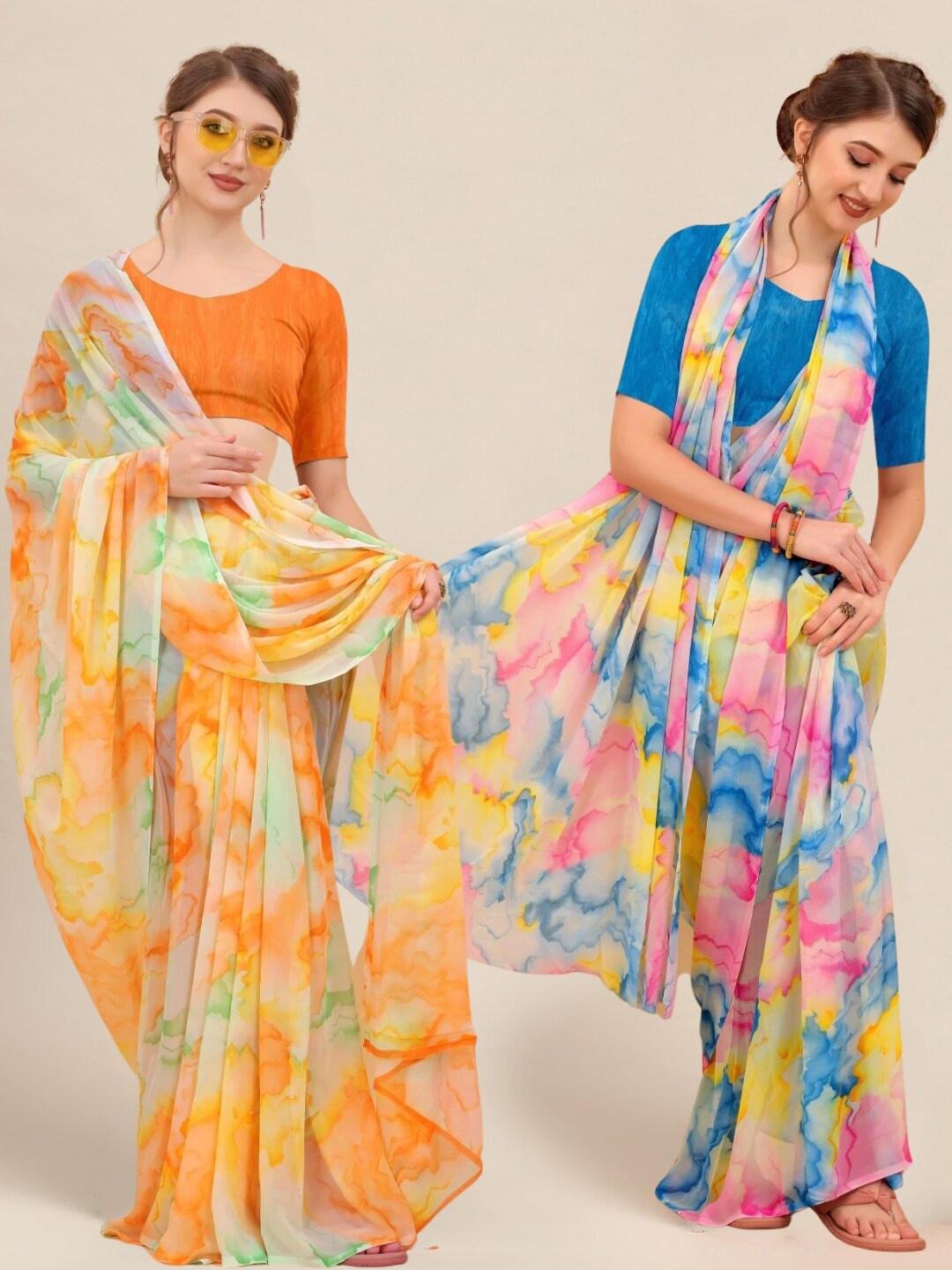 

MS RETAIL Blue & Orange Pack of 2 Abstract Printed Pure Georgette Sarees