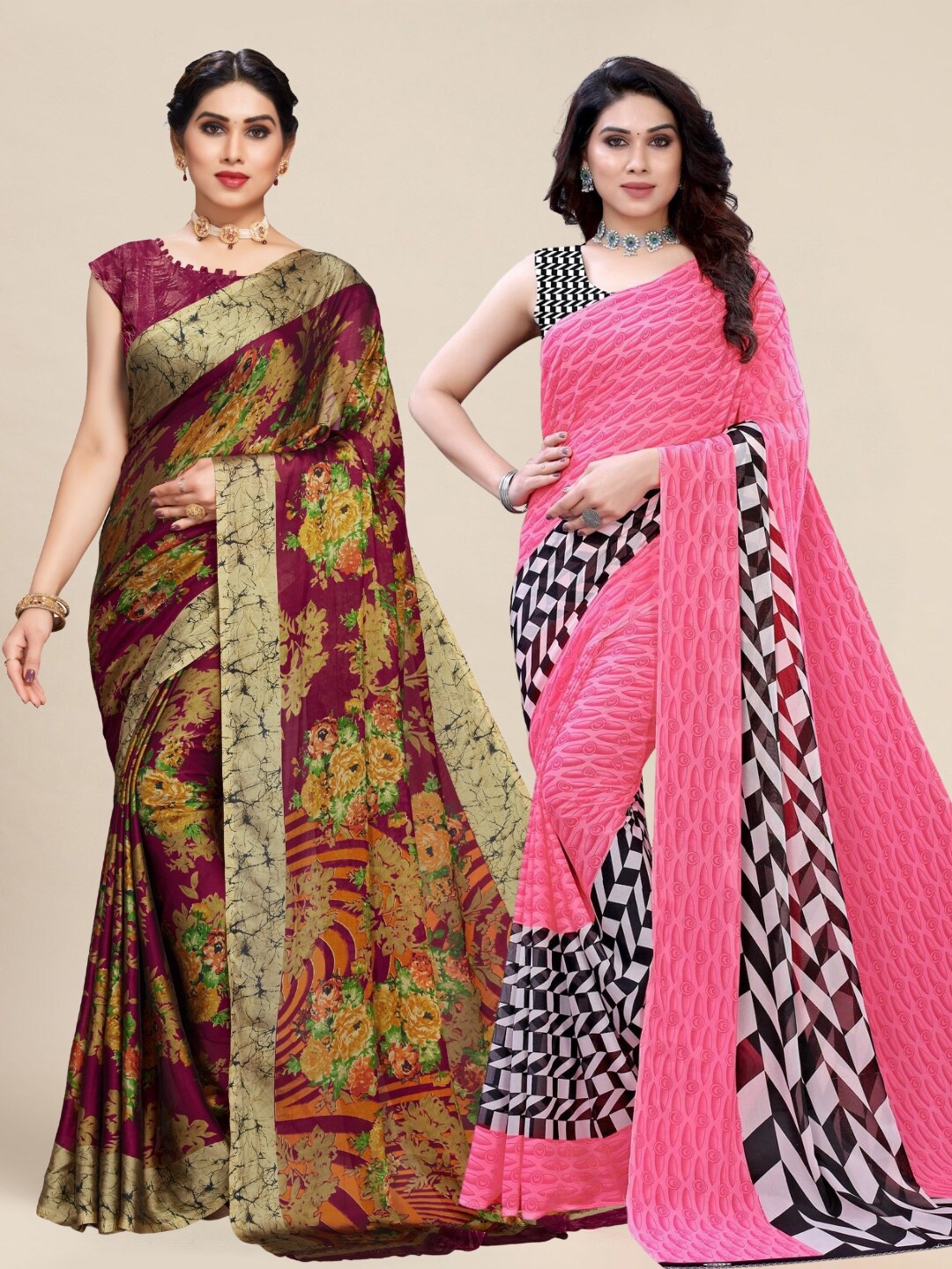 

MS RETAIL Purple & Pink Pack of 2 Printed Pure Georgette Sarees