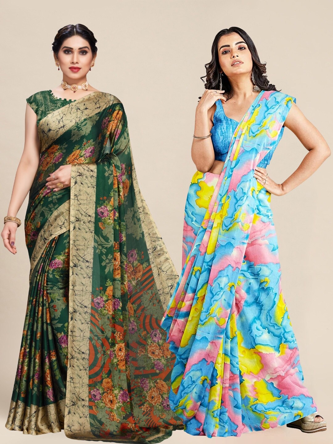 

MS RETAIL Green & Blue Pack of 2 Printed Pure Georgette Sarees