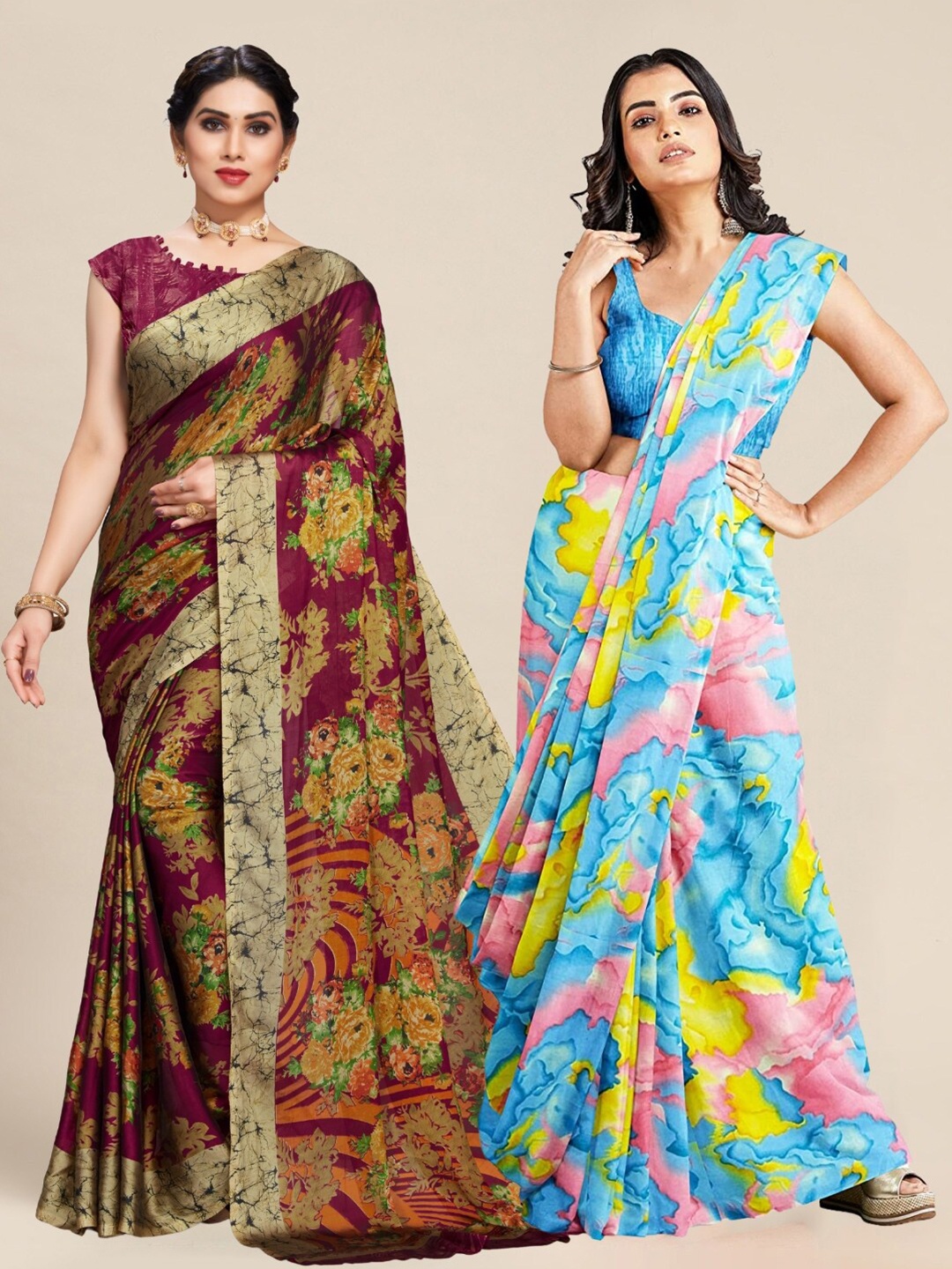 

MS RETAIL Purple & Blue Pack of 2 Printed Pure Georgette Sarees