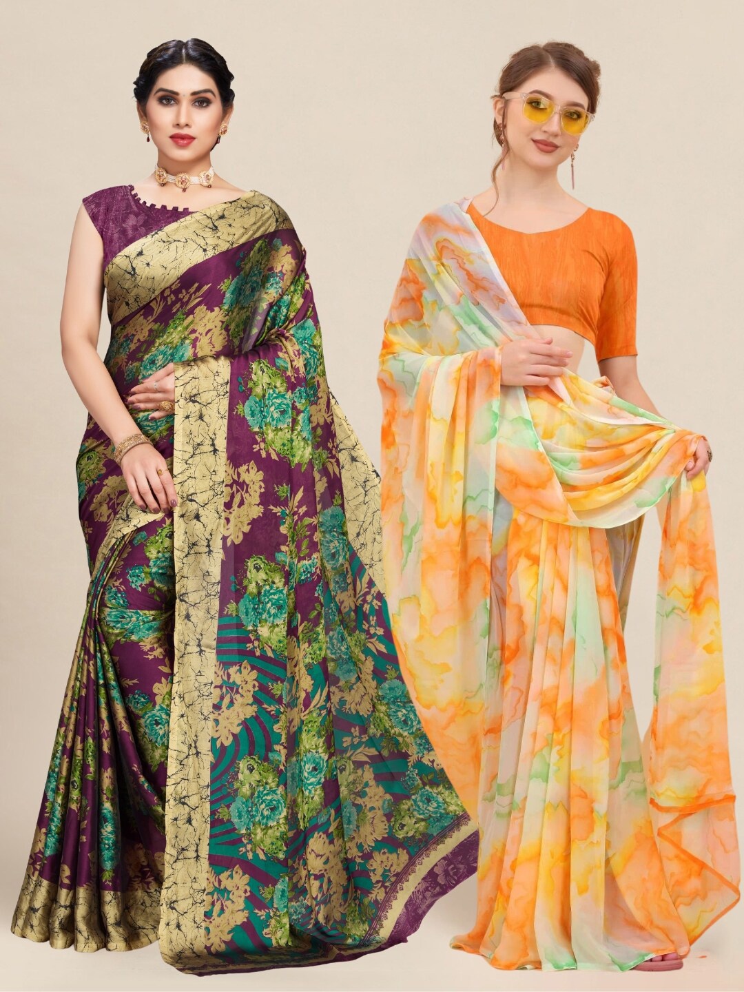 

MS RETAIL Purple & Orange Pack of 2 Printed Pure Georgette Sarees