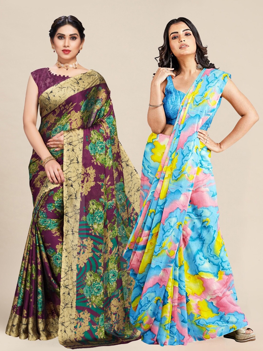 

MS RETAIL Purple & Blue Pack of 2 Printed Pure Georgette Sarees