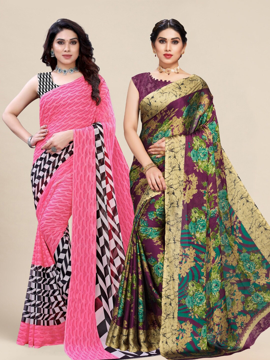 

MS RETAIL Pink & Purple Pack of 2 Printed Pure Georgette Sarees