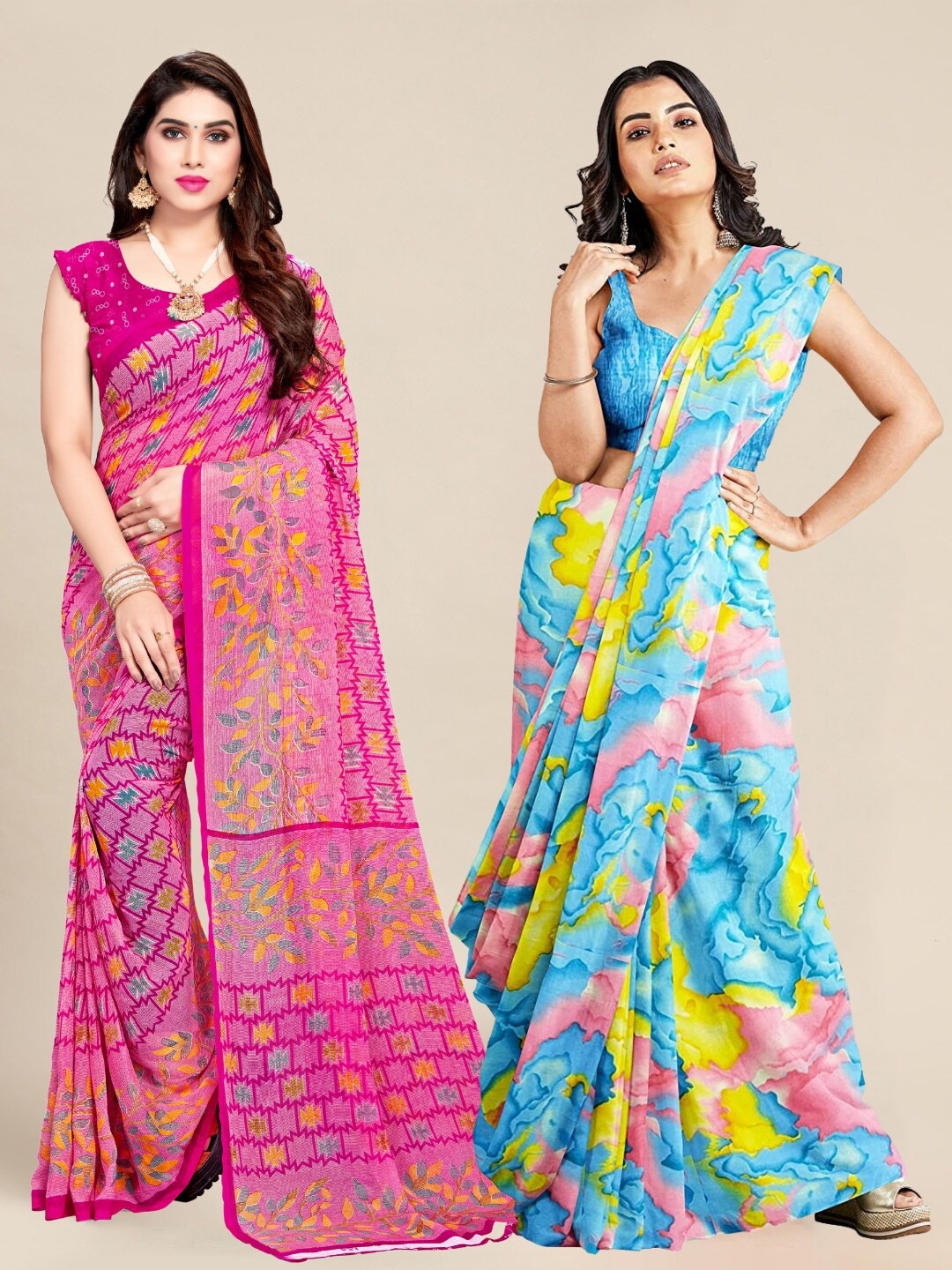 

MS RETAIL Pink & Blue Pack of 2 Printed Pure Georgette Sarees