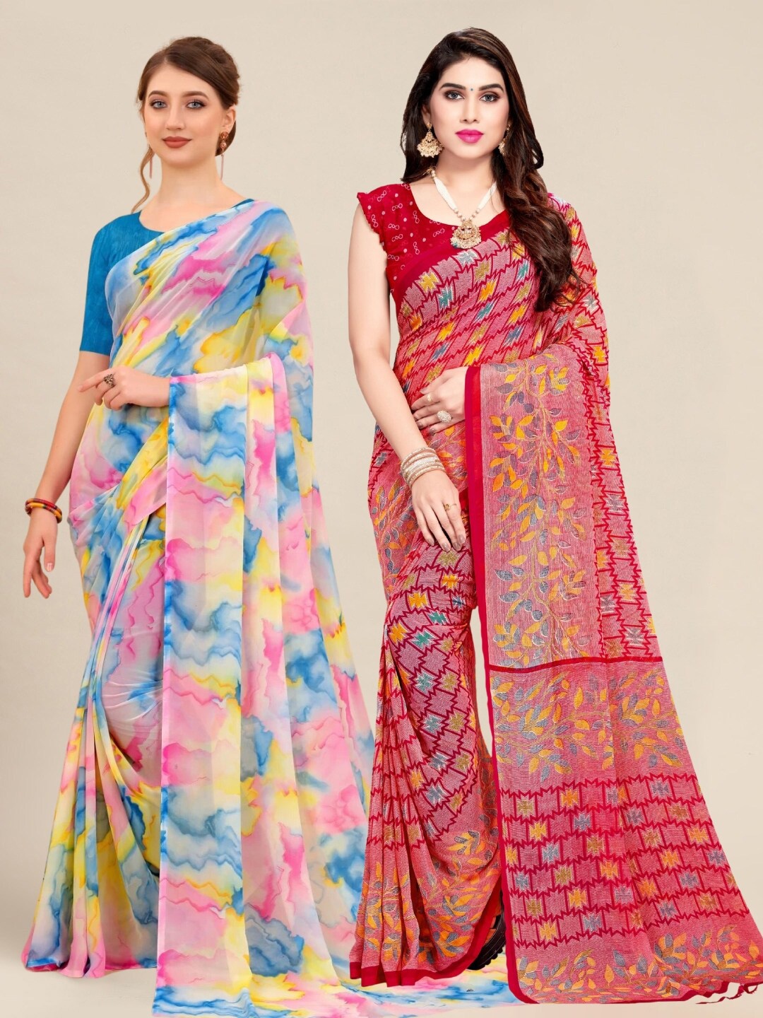 

MS RETAIL Red & Blue Pack of 2 Printed Pure Georgette Sarees