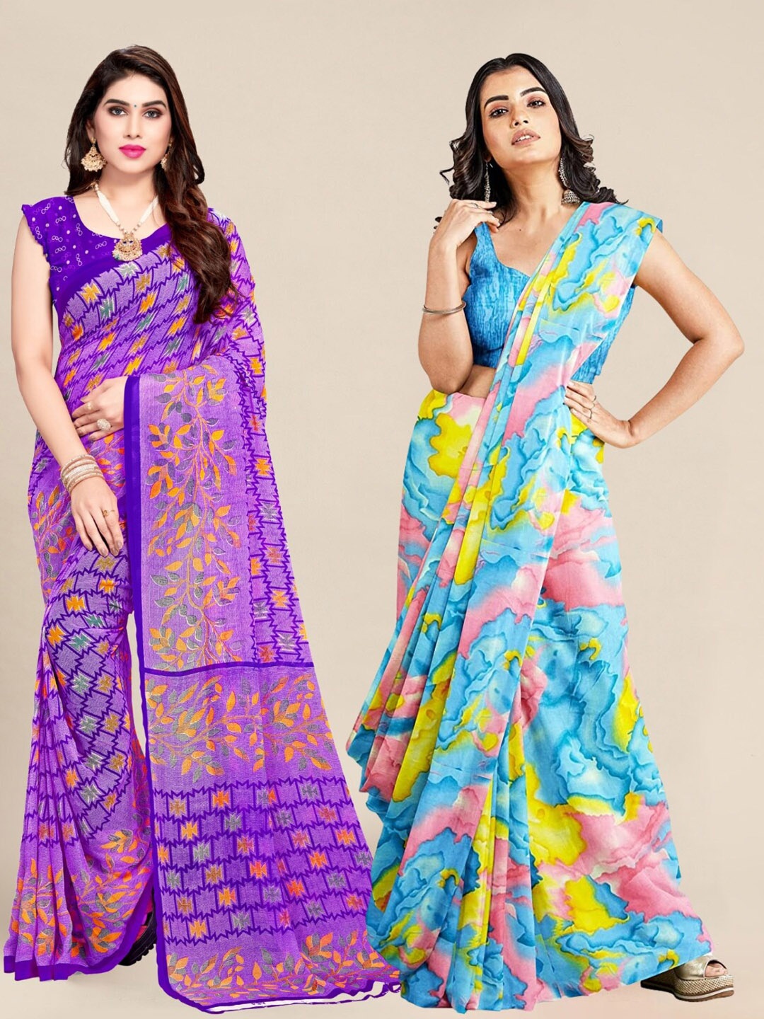 

MS RETAIL Purple & Blue Pack of 2 Printed Pure Georgette Sarees