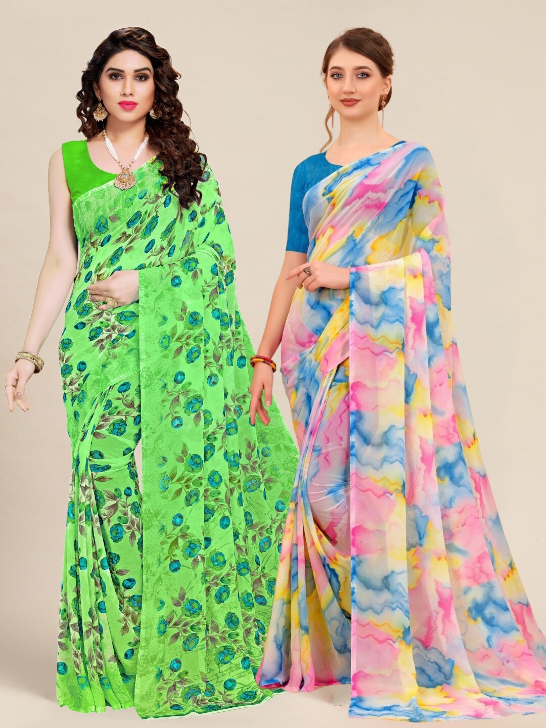 

MS RETAIL Pink & Green Pack of 2 Printed Pure Georgette Sarees