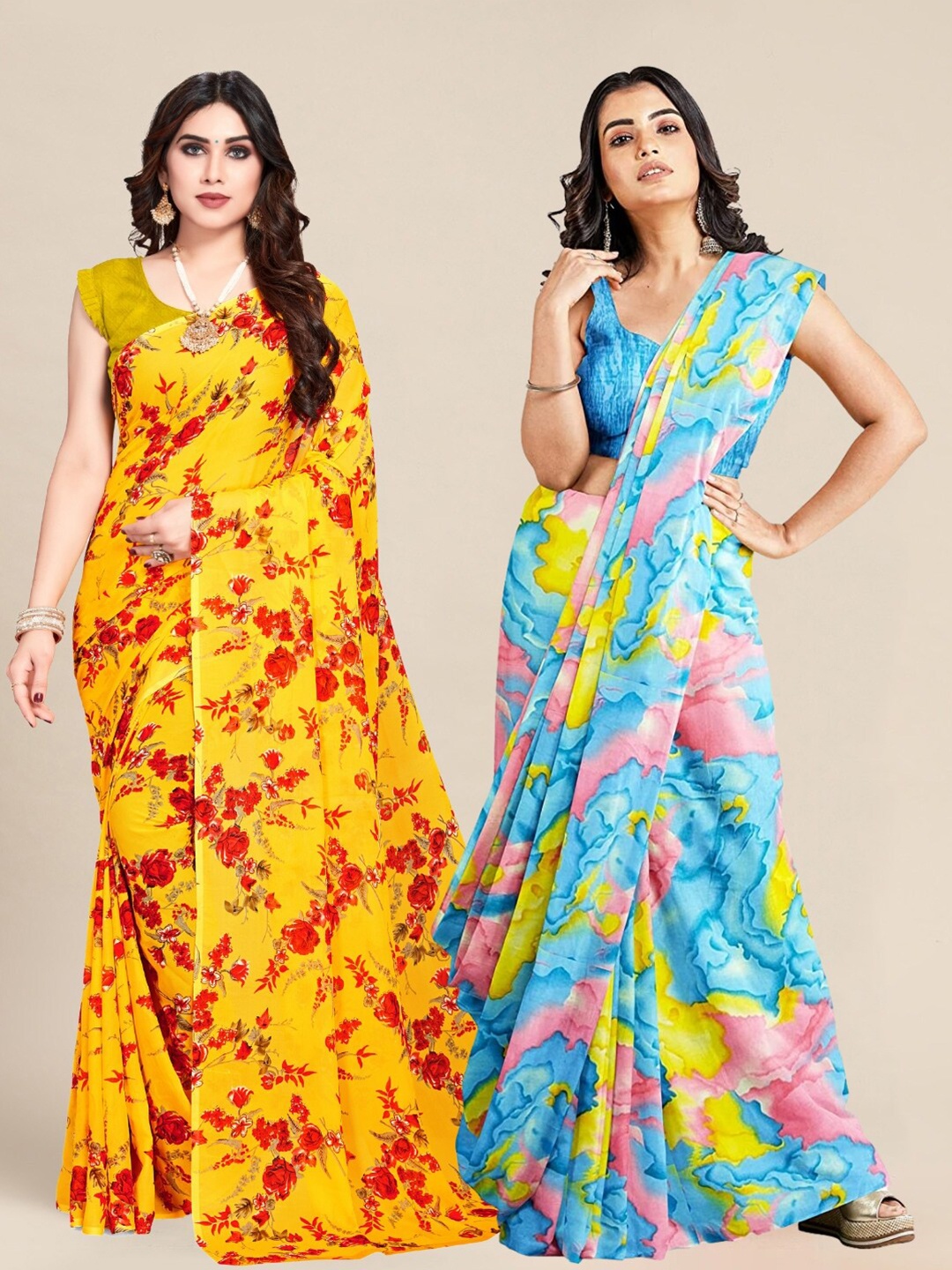 

MS RETAIL Blue & Yellow Pack of 2 Printed Pure Georgette Sarees