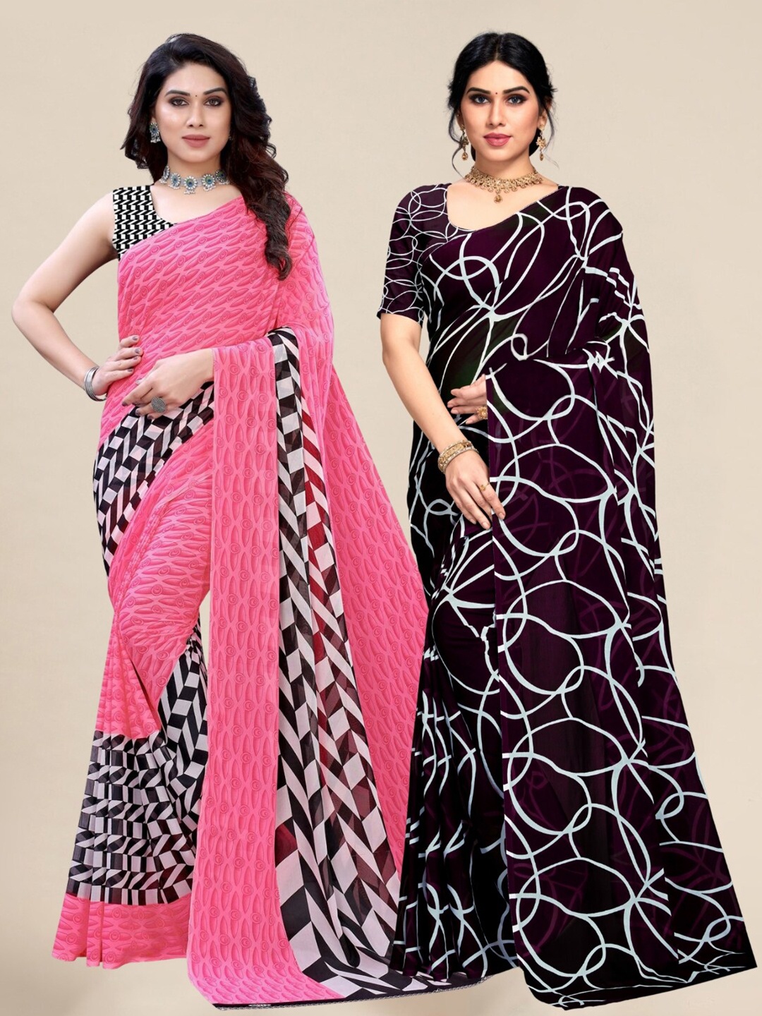 

MS RETAIL Pink & Black Pack of 2 Printed Pure Georgette Sarees