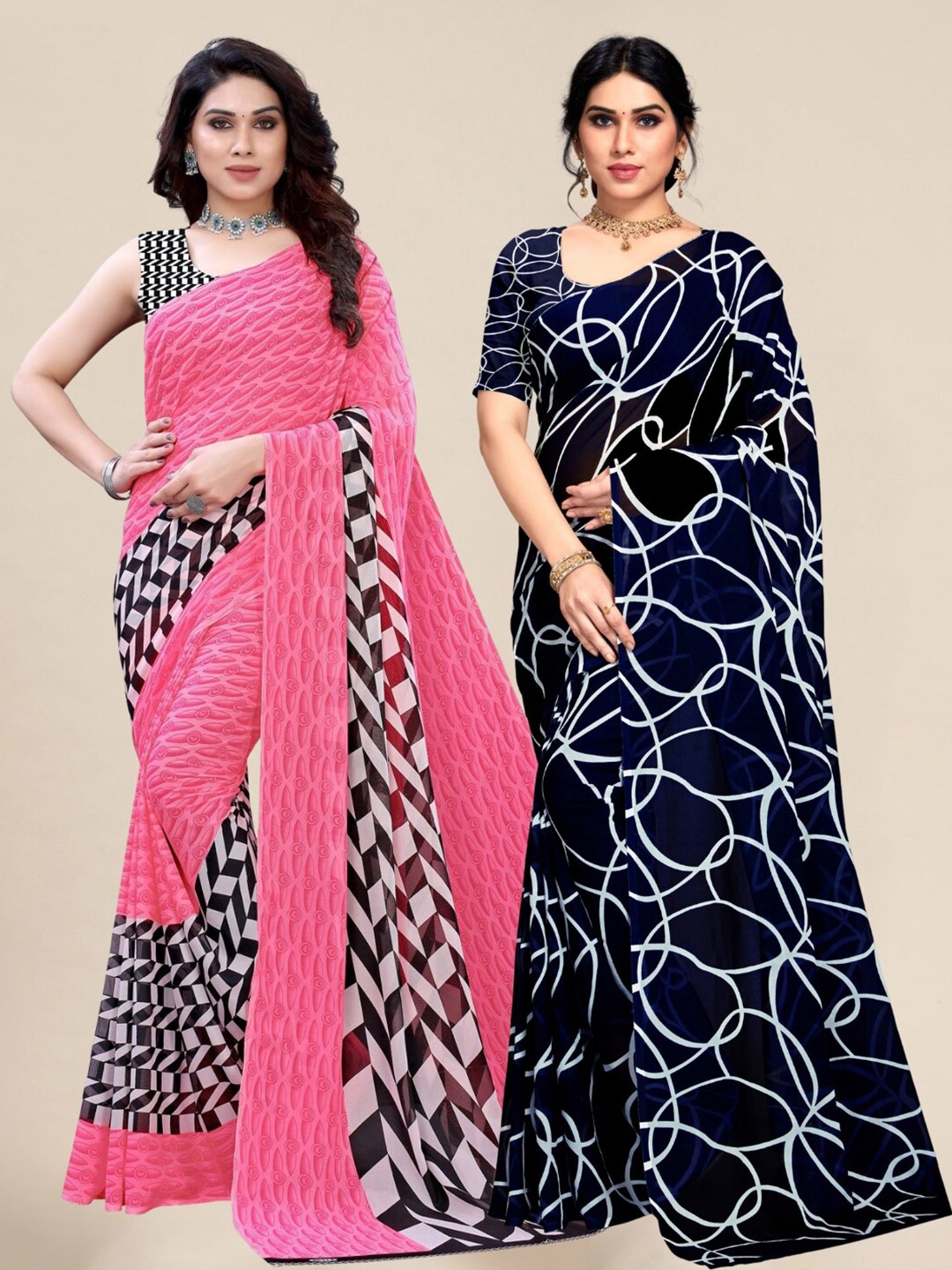

MS RETAIL Pink & Black Pack of 2 Printed Pure Georgette Sarees