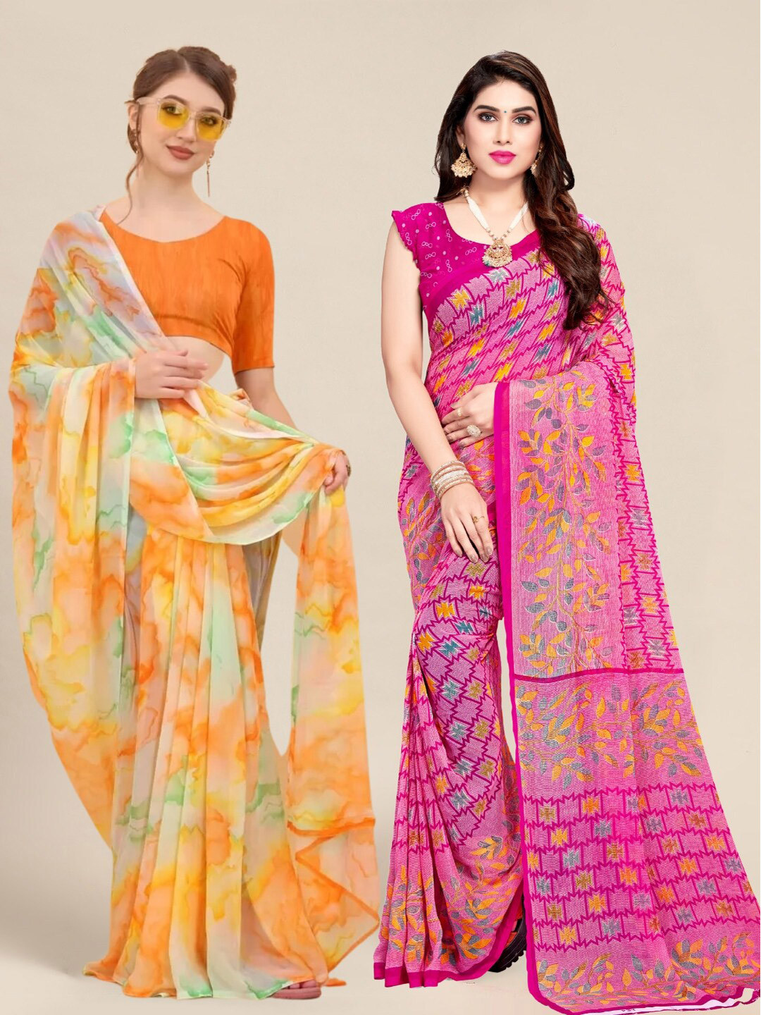 

MS RETAIL Pink & Orange Pack of 2 Printed Pure Georgette Sarees
