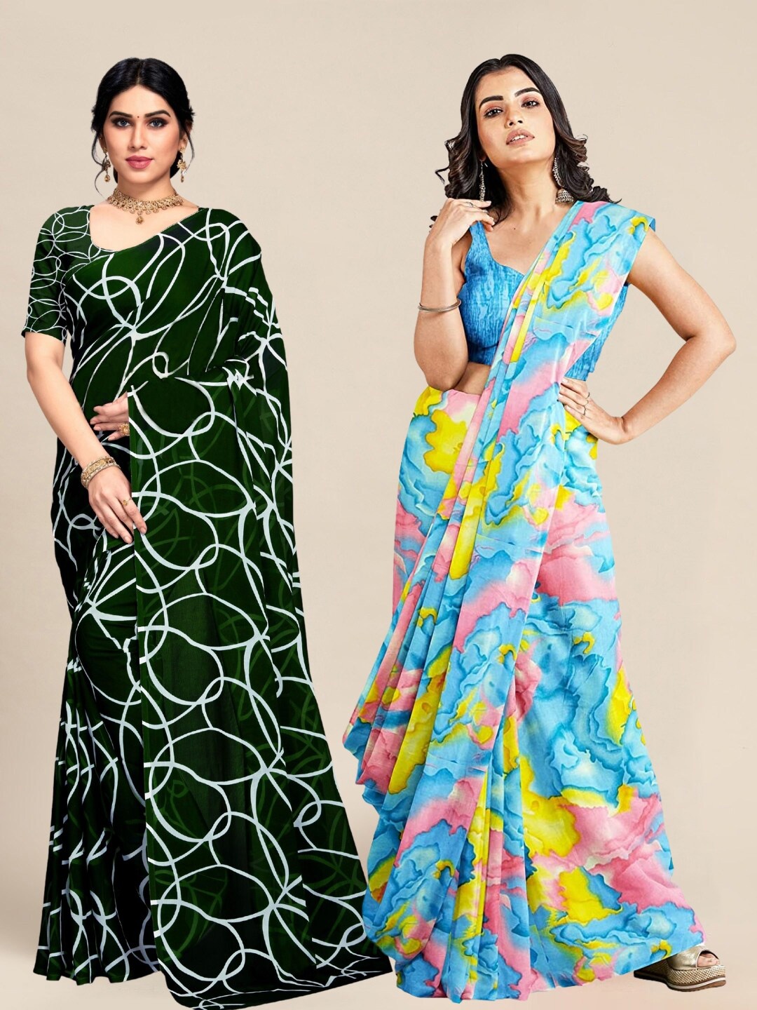 

MS RETAIL Green & Blue Pack of 2 Printed Pure Georgette Sarees