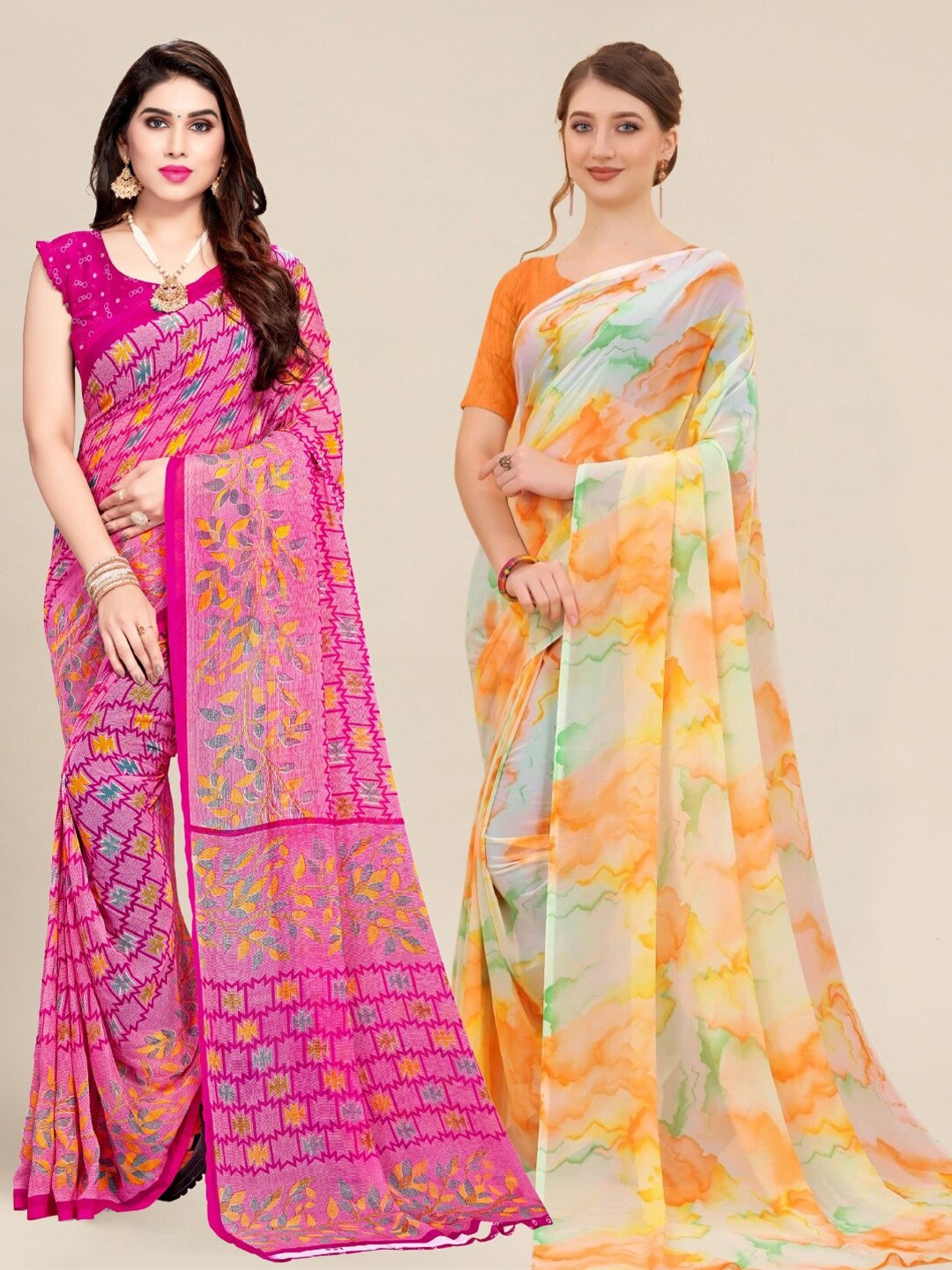 

MS RETAIL Pink & Orange Pack of 2 Printed Pure Georgette Sarees