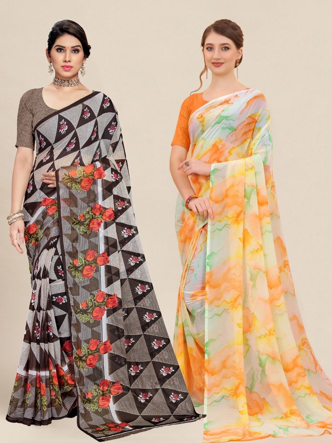 

MS RETAIL Orange & Grey Pack of 2 Printed Pure Georgette Sarees