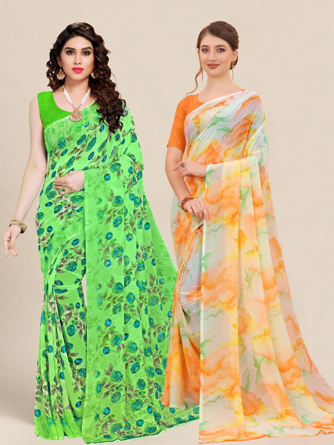 

MS RETAIL Green & Orange Pack of 2 Printed Pure Georgette Sarees