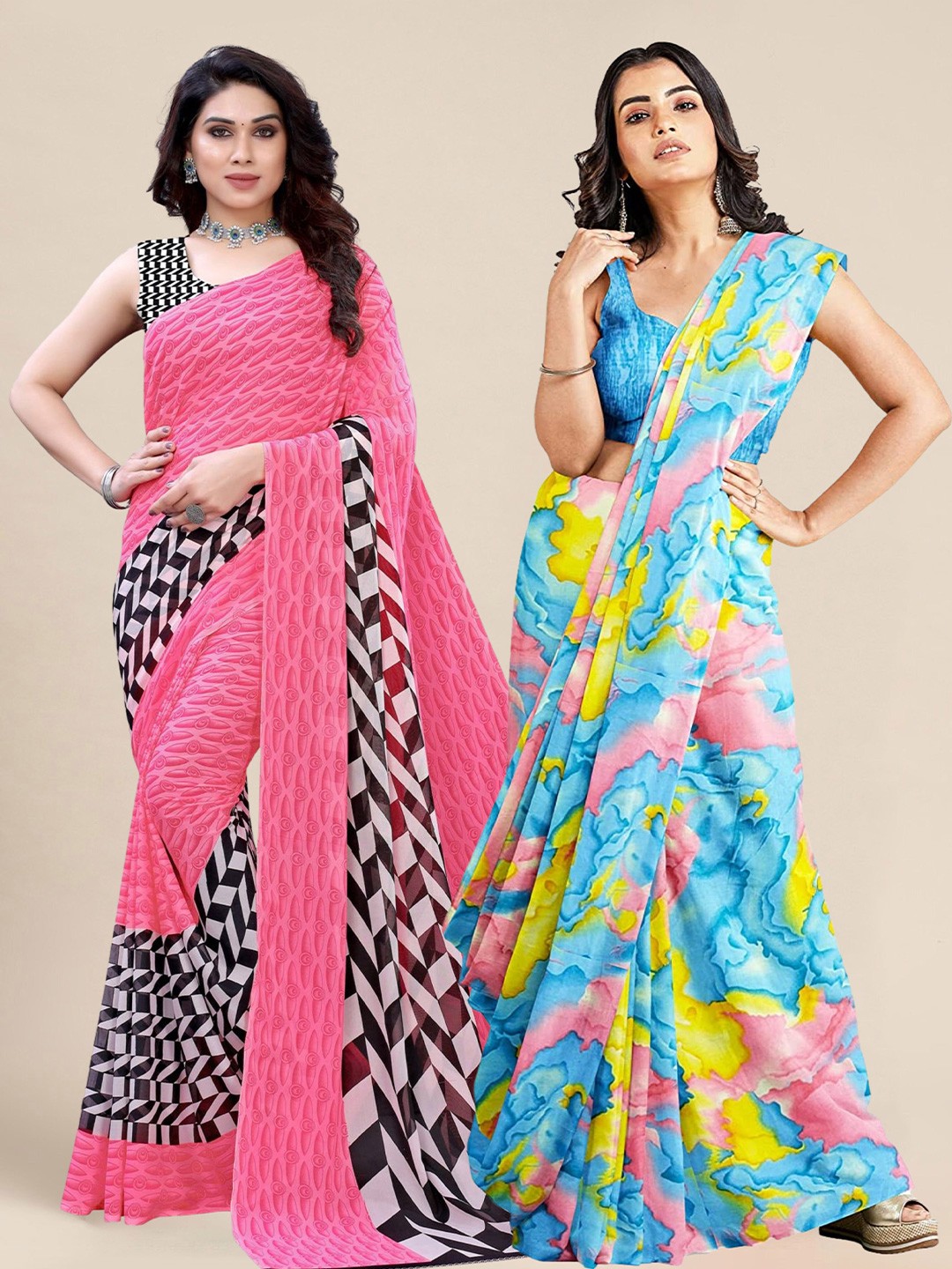 

MS RETAIL Pink & Blue Pack of 2 Printed Pure Georgette Sarees