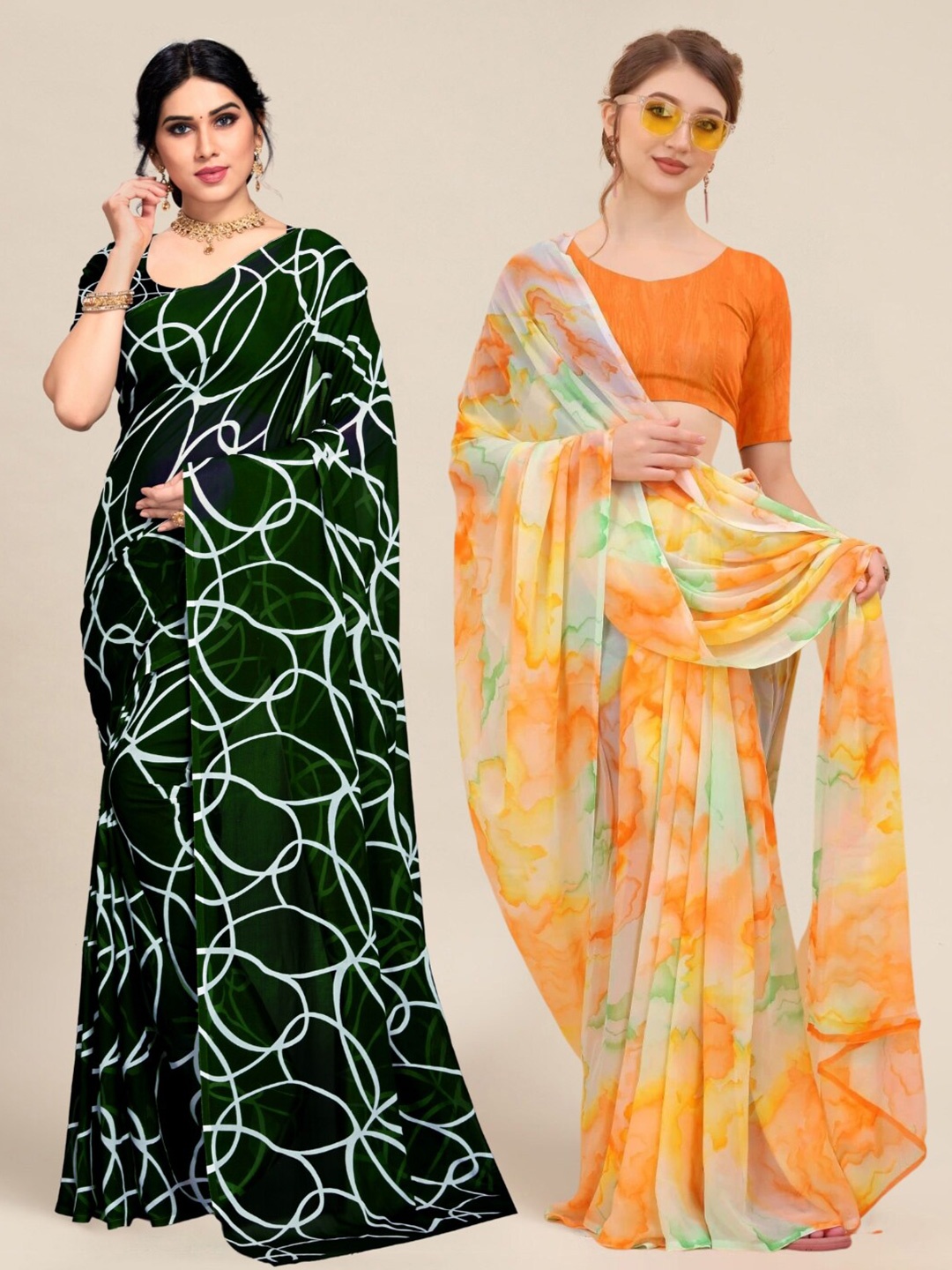 

MS RETAIL Green & Orange Pack of 2 Printed Pure Georgette Sarees