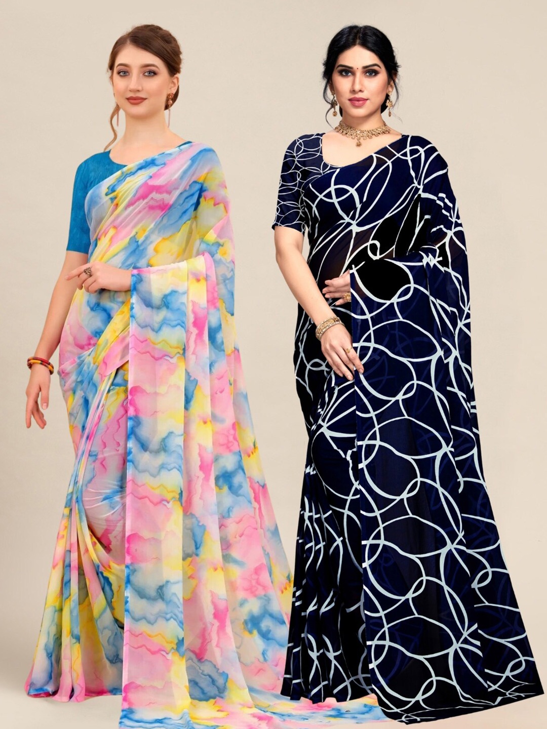 

MS RETAIL Pink & Black Pack of 2 Printed Pure Georgette Sarees