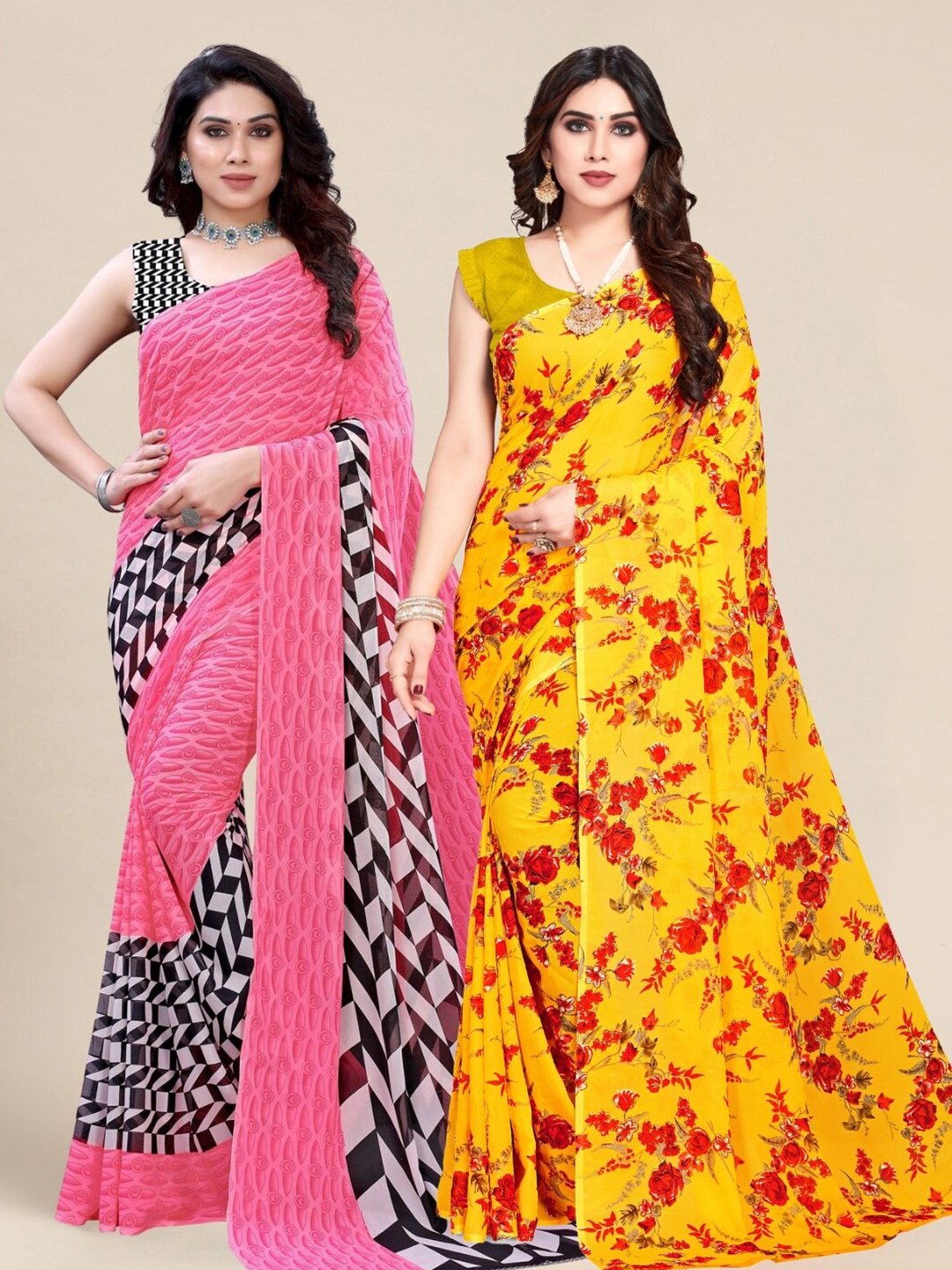 

MS RETAIL Pink & Yellow Pack of 2 Printed Pure Georgette Sarees