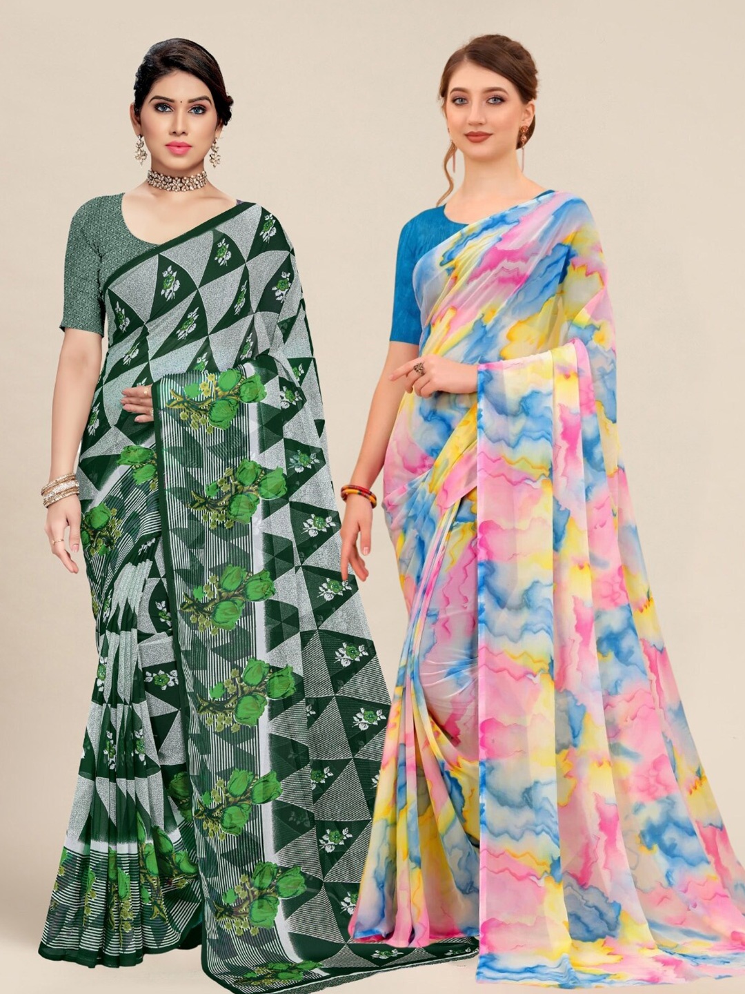 

MS RETAIL Green & Blue Pack of 2 Printed Pure Georgette Sarees