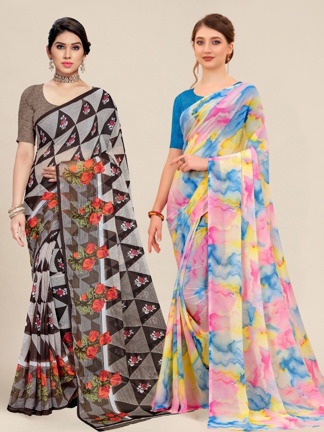 

MS RETAIL Brown & Blue Pack of 2 Printed Pure Georgette Sarees