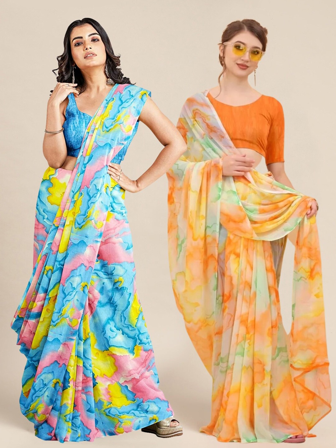 

MS RETAIL Blue & Orange Pack of 2 Printed Pure Georgette Sarees, Pink