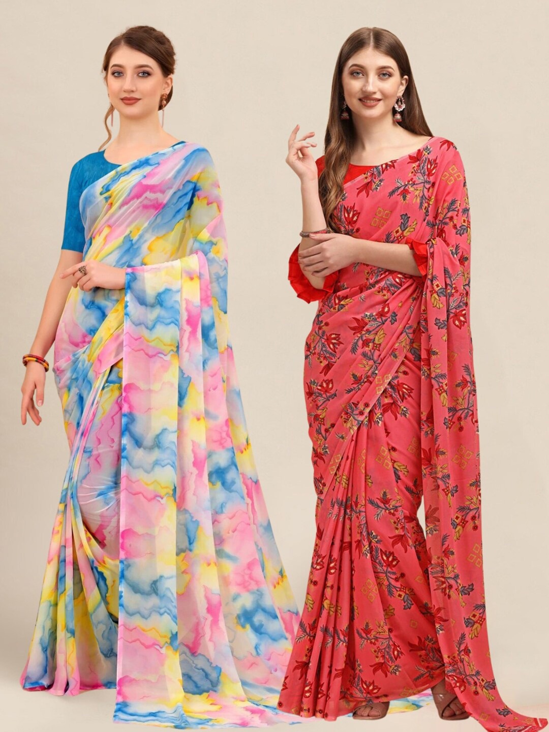 

MS RETAIL Blue & Pink Pack of 2 Printed Pure Georgette Sarees