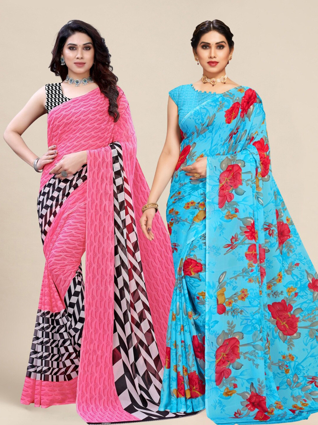 

MS RETAIL Pink & Blue Pack of 2 Printed Pure Georgette Sarees