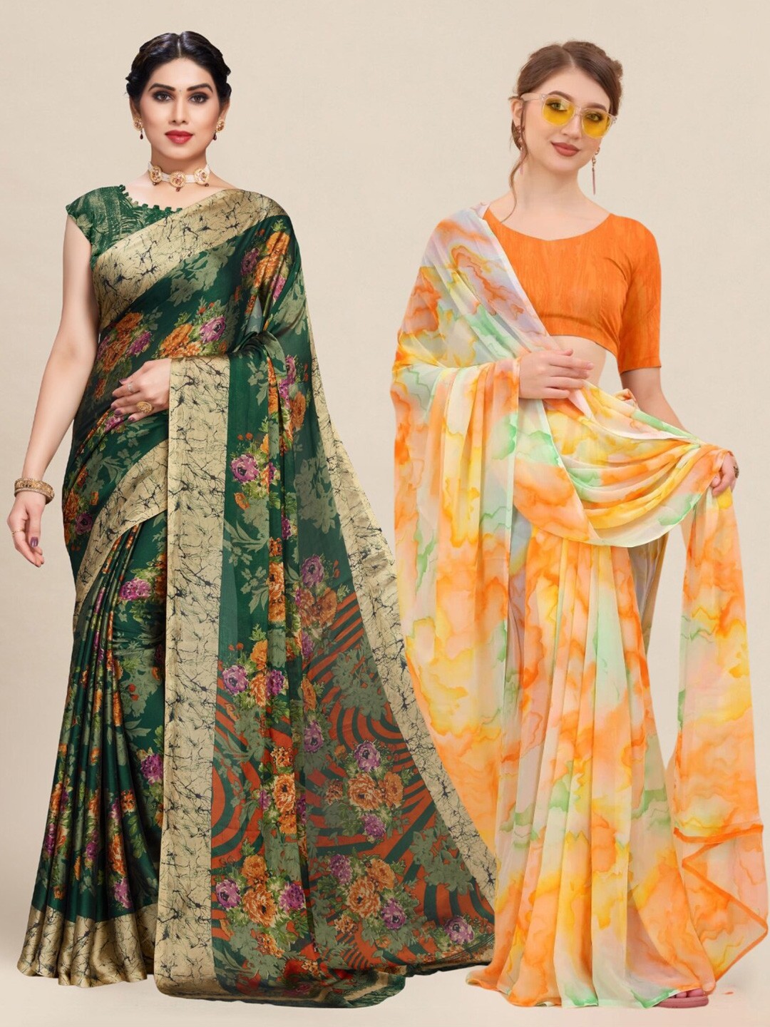 

MS RETAIL Orange & Green Pack of 2 Printed Pure Georgette Sarees