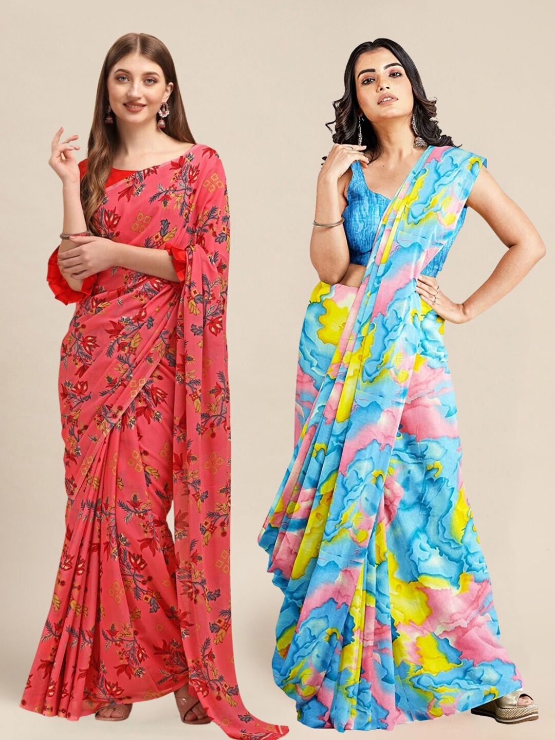 

MS RETAIL Pink & Blue Pack of 2 Printed Pure Georgette Sarees