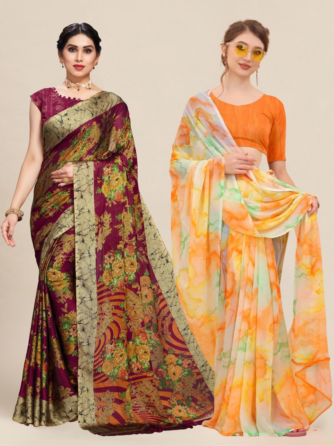 

MS RETAIL Orange & Burgundy Floral Pure Georgette Saree