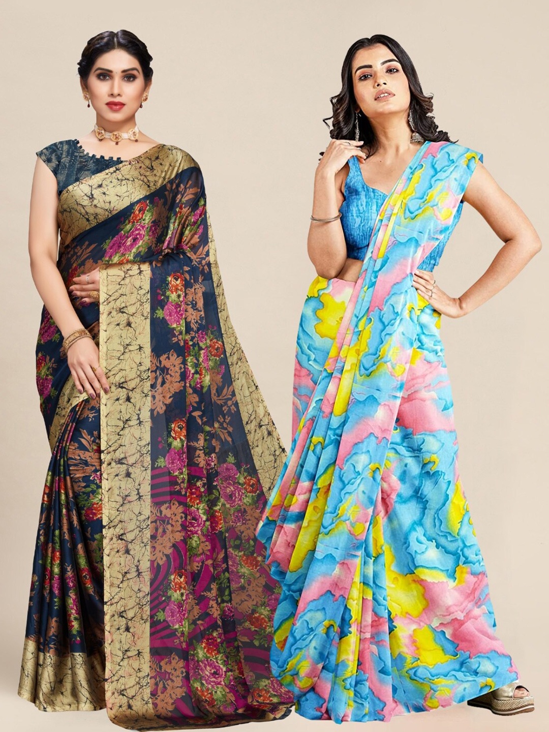 

MS RETAIL Pink & Blue Pack of 2 Printed Pure Georgette Sarees
