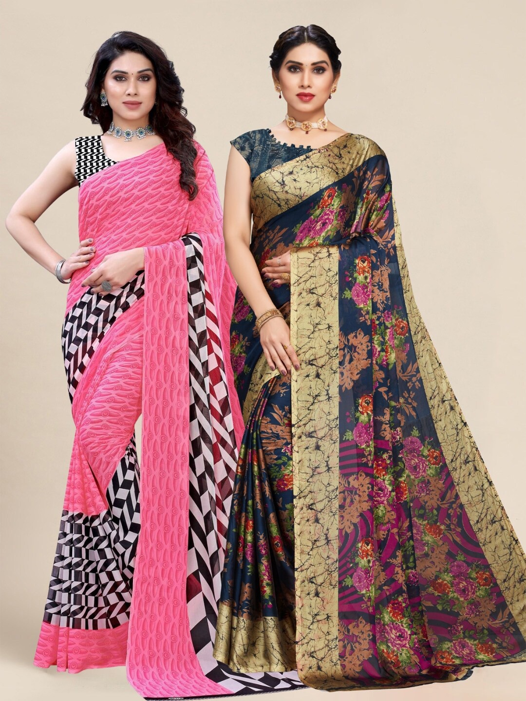 

MS RETAIL Pink & Navy Blue Pack of 2 Printed Pure Georgette Sarees