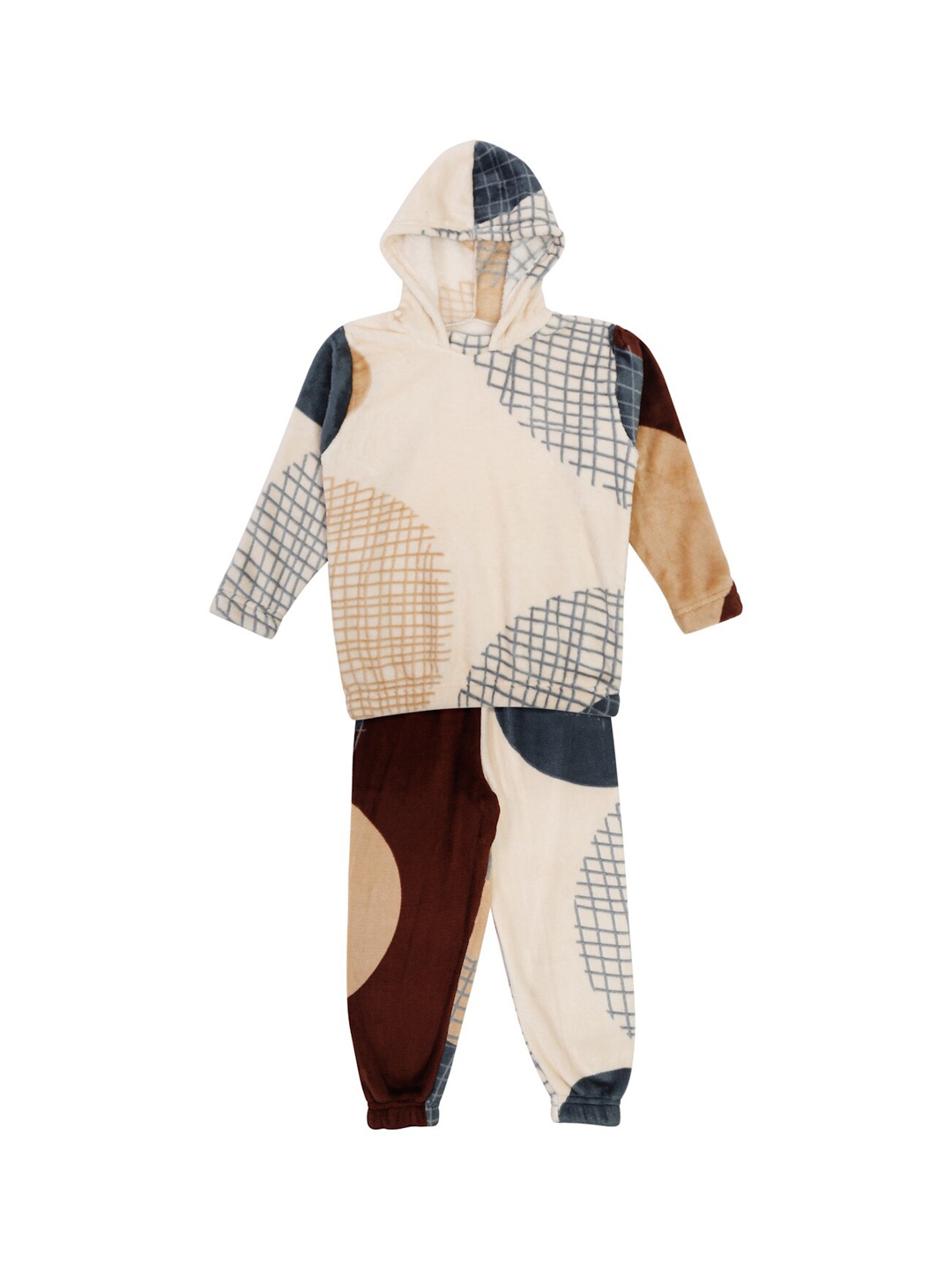 

KLOTTHE Unisex Kids Cream-Coloured & Brown Printed Night Suit