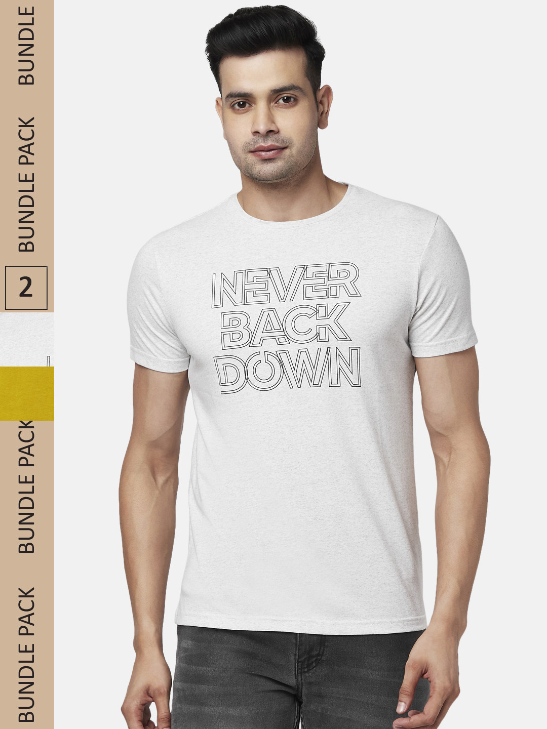 

People Men Off White & Mustard Yellow Pack of 2 Printed Cotton T-shirt