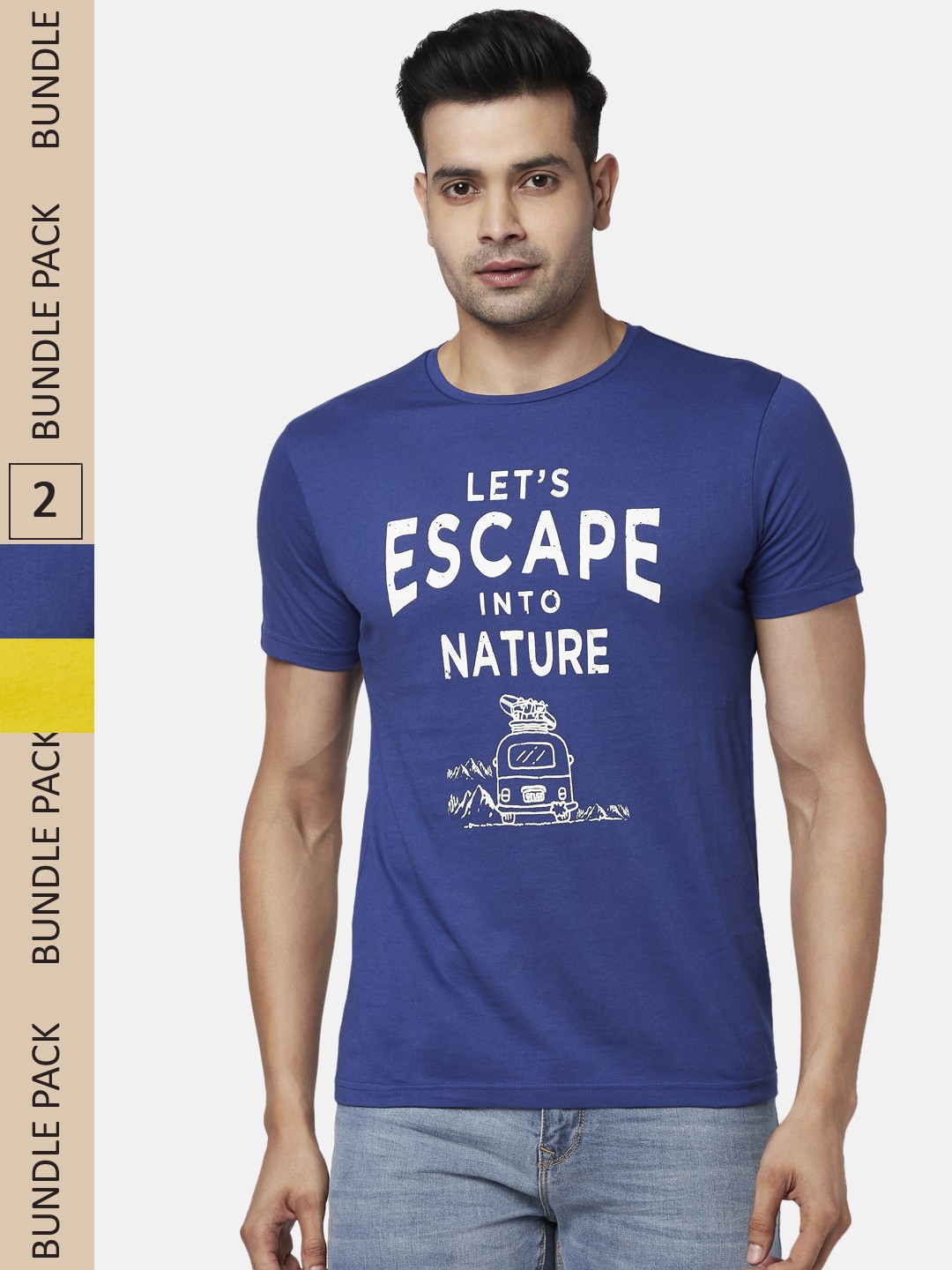

People Men Blue & Mustard Yellow Pack of 2 Printed Pure Cotton T-shirt