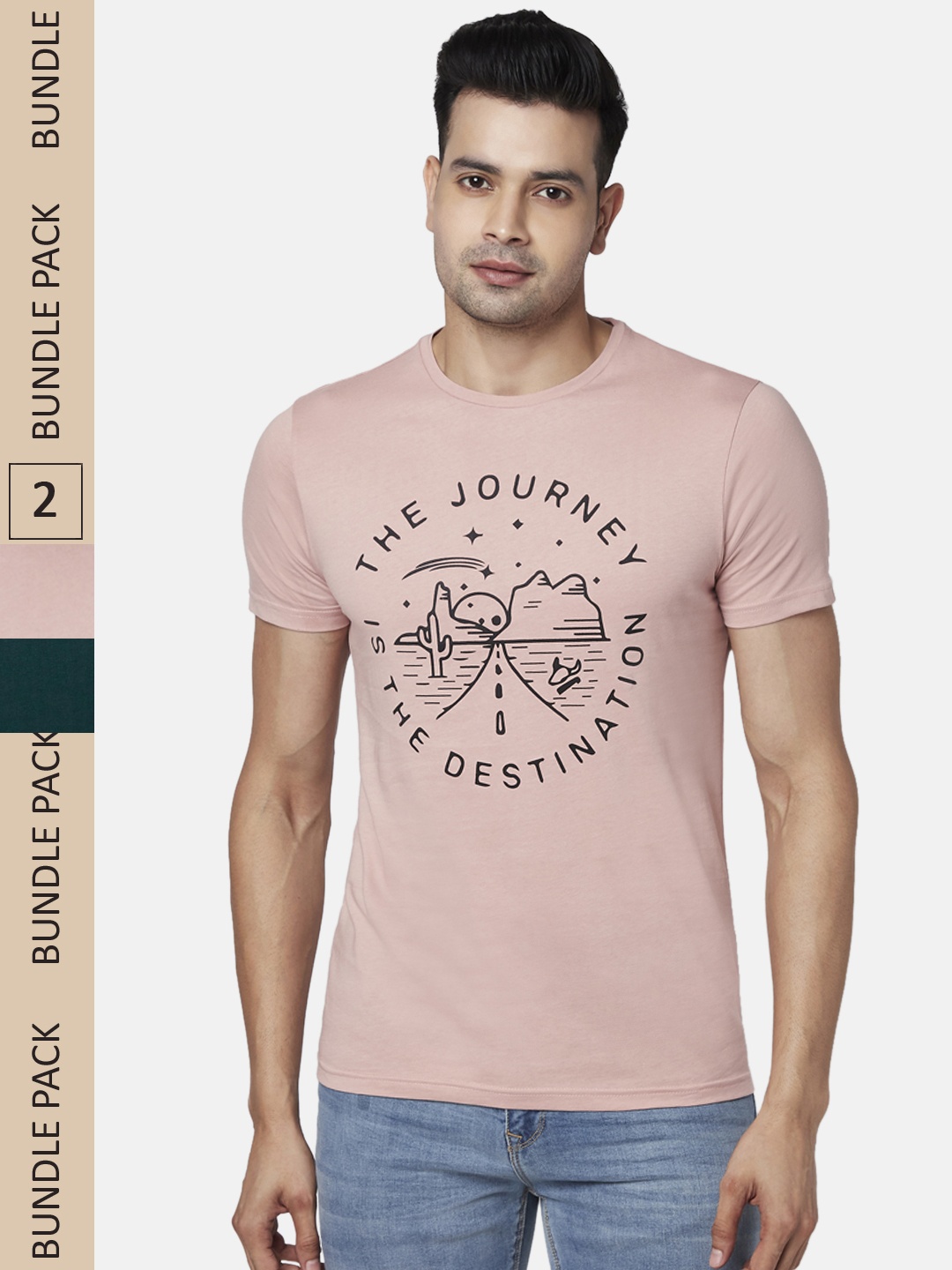 

People Men Pink & Green Pack of 2 Pure Cotton T-shirt