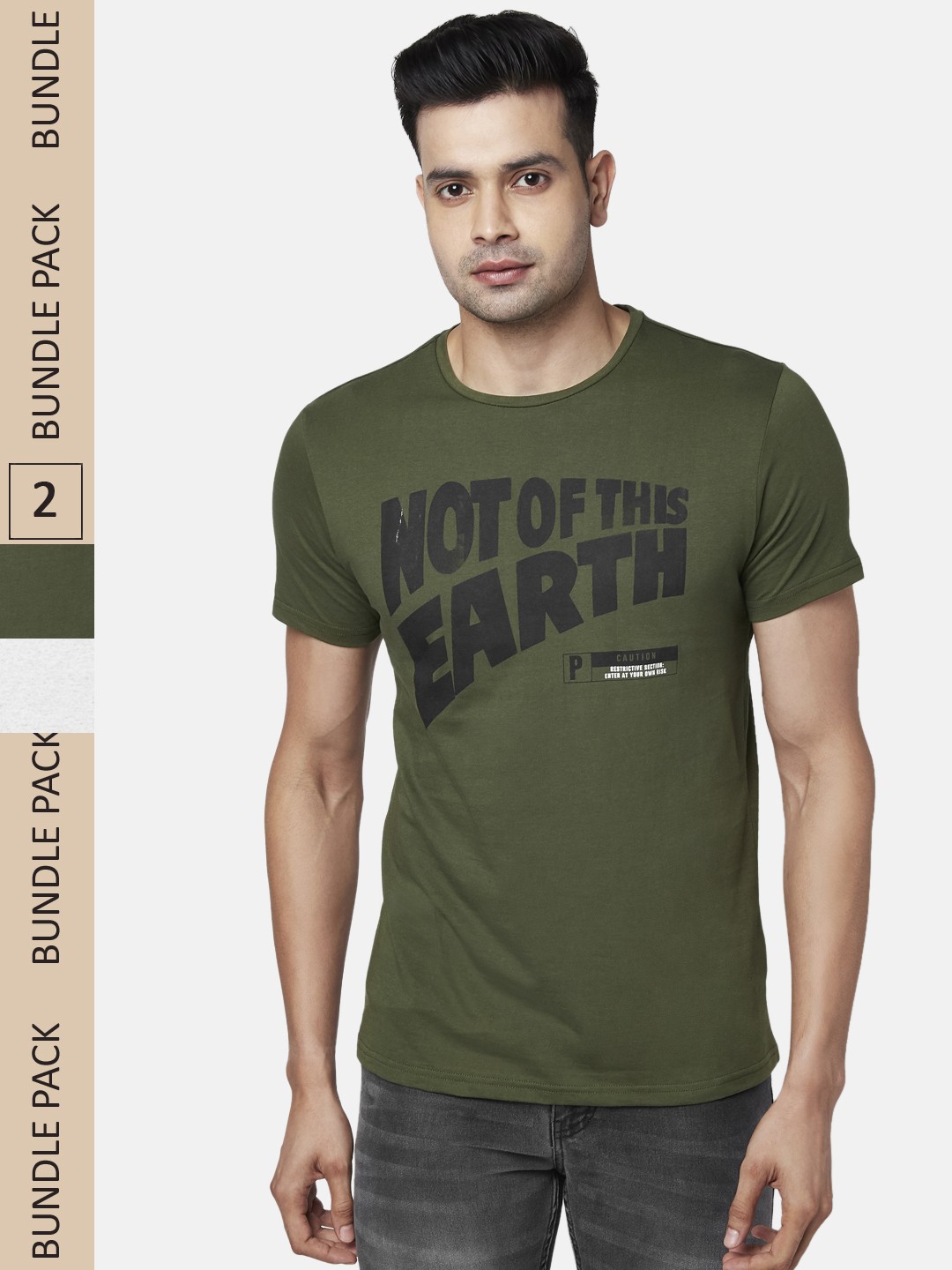 

People Men Olive Green & Off White Pack of 2 Pure Cotton T-shirt