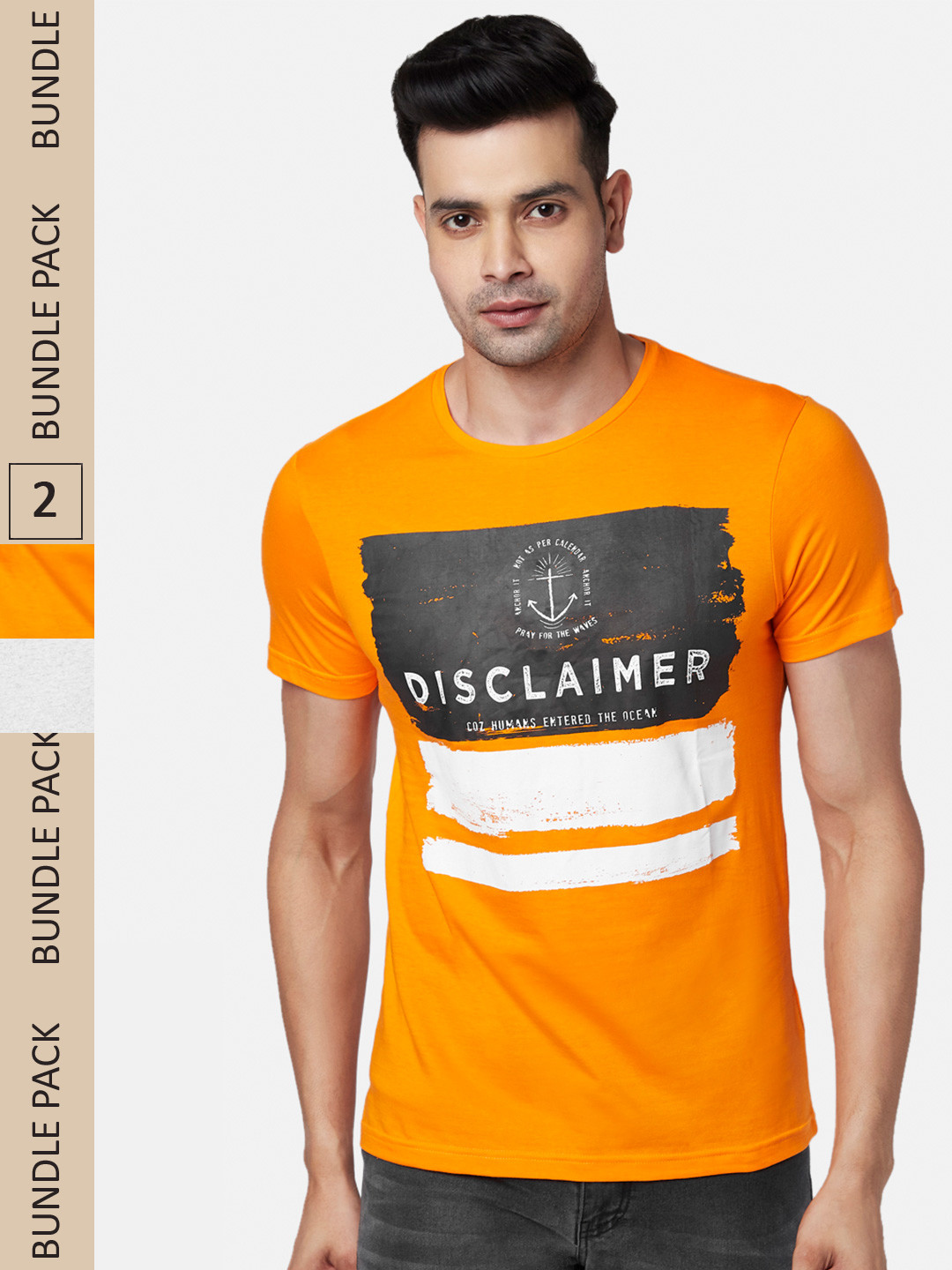 

People Men Orange & Off White Pack Of 2 Pure Cotton T-shirt
