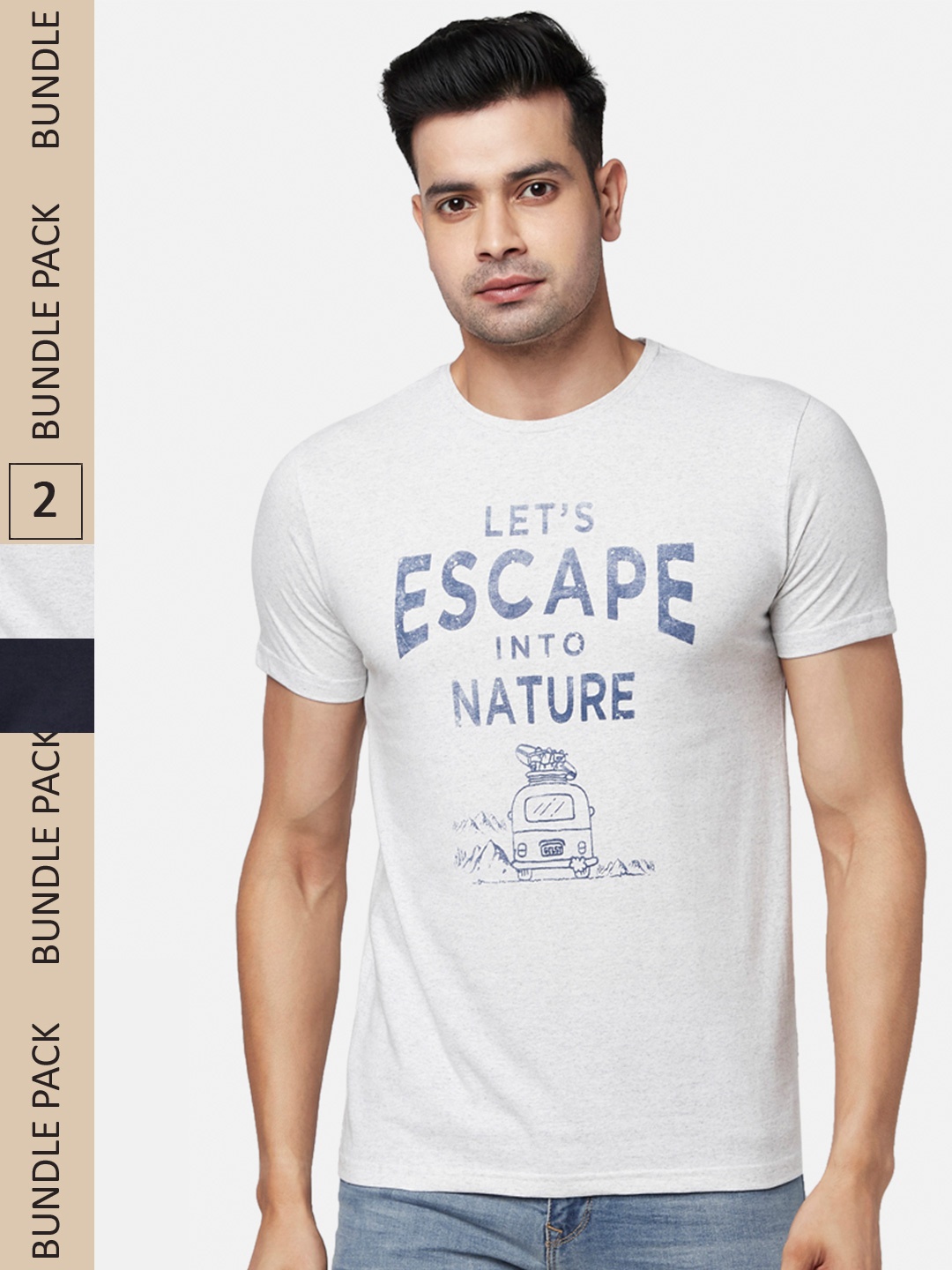 

People Men Off White & Navy Blue Pack Of 2 Pure Cotton Printed T-shirt
