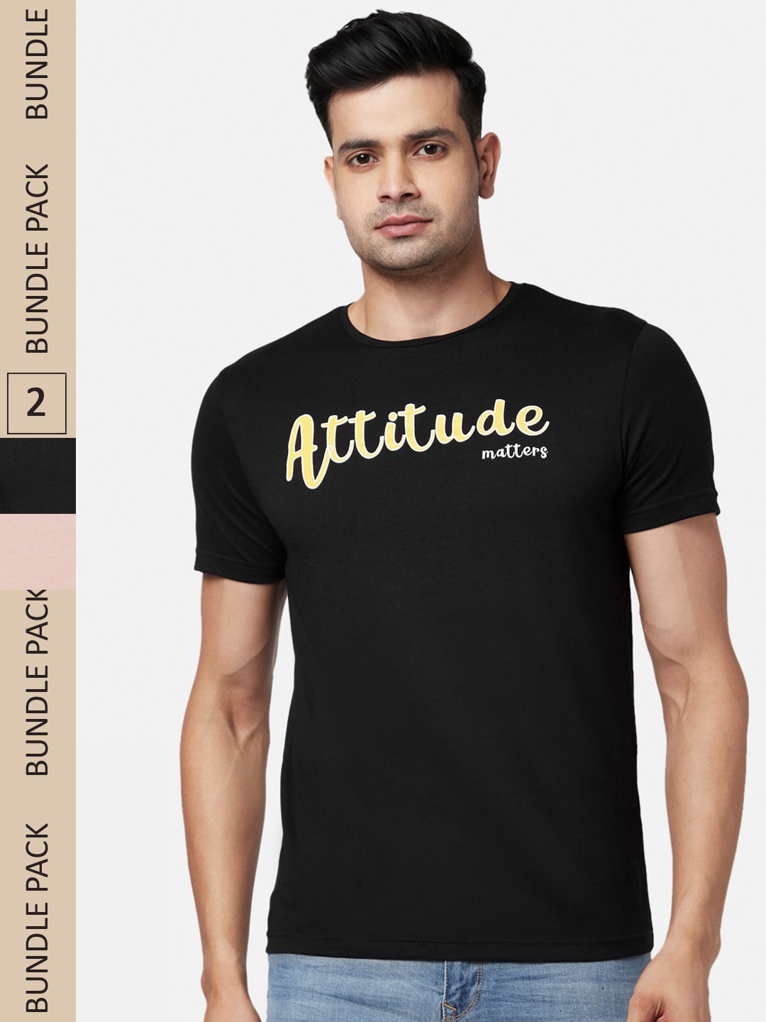 

People Men Black & Mauve Pack Of 2 Printed Pure Cotton T-shirt